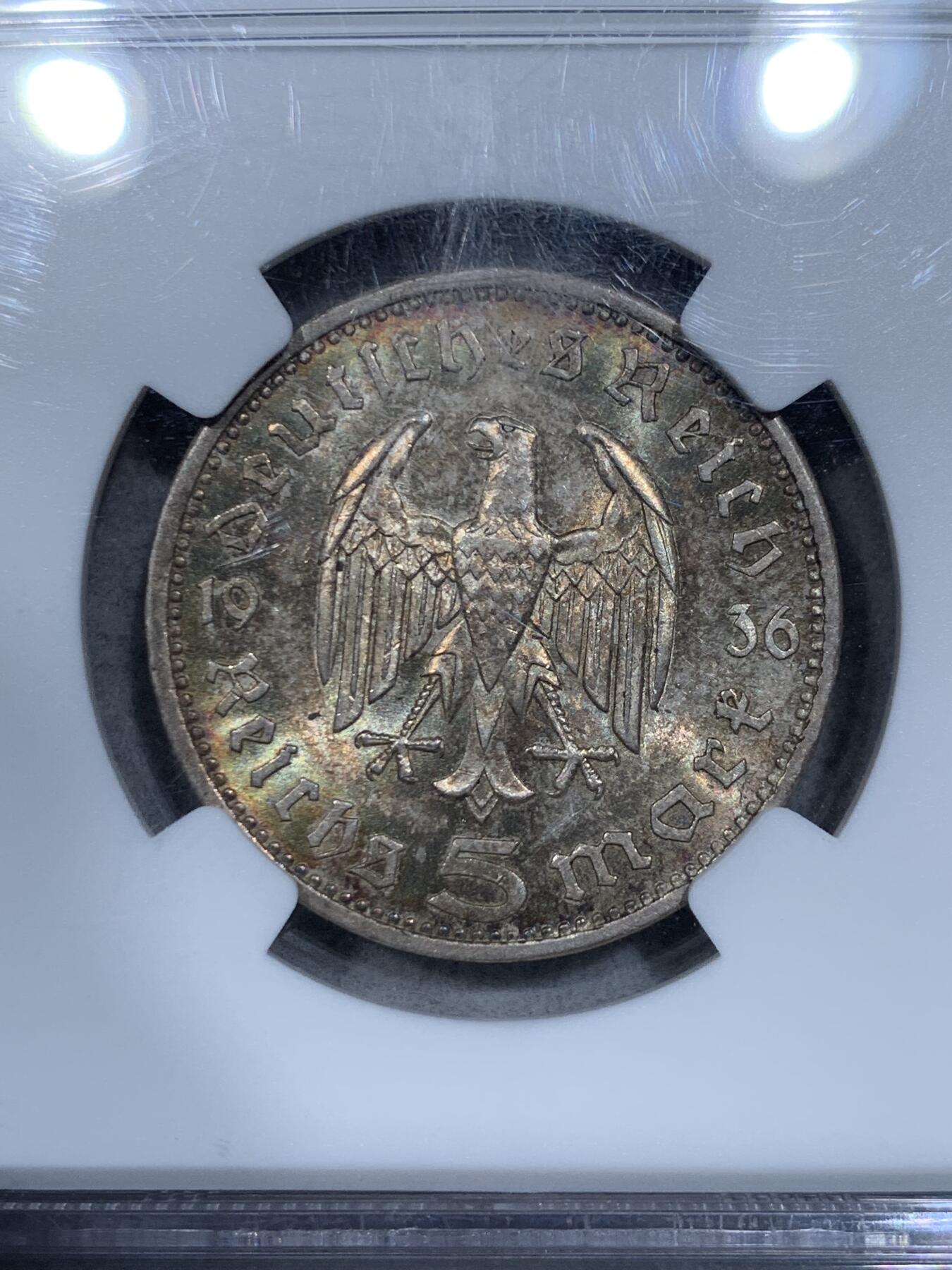 《竞宝斋》第334场 周日，周一 2场连拍 （全场包邮） NGC MS61 德国1936年A版兴登堡5马克银币 低评了