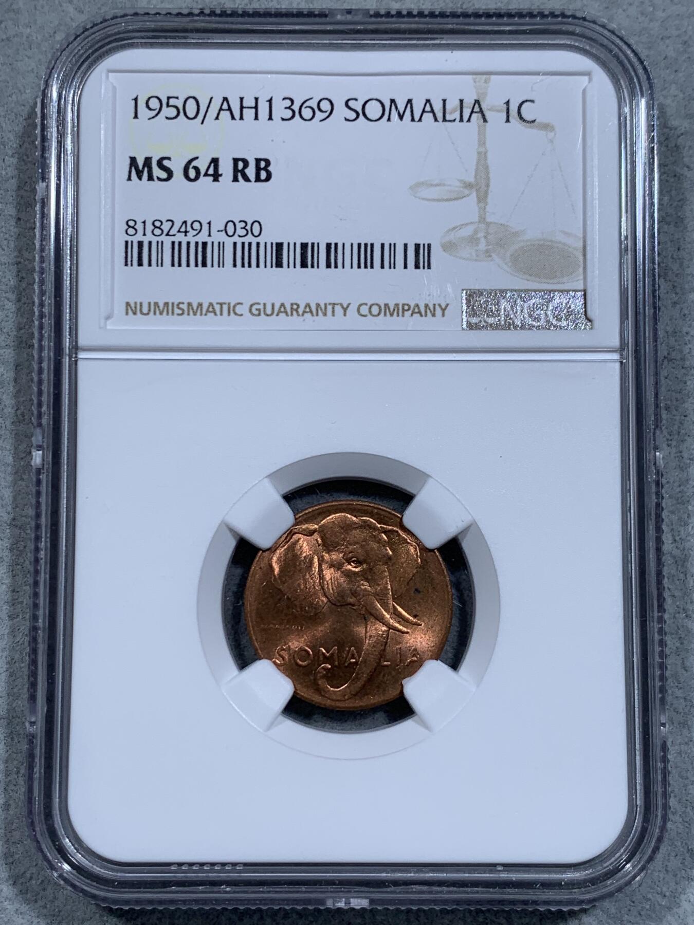 《竞宝斋》第334场 周日，周一 2场连拍 （全场包邮） NGC MS64RB 索马里1950年1分大象铜币