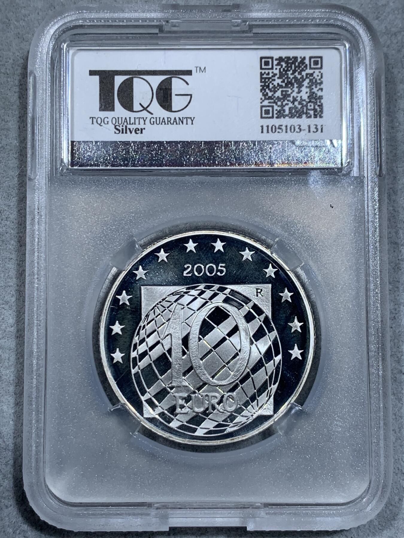 《竞宝斋》第334场 周日，周一 2场连拍 （全场包邮） TQG PF66UC 2005年意大利10欧元精制银币 欧洲之星-欧洲和平与自由60年 925银 22克 发行量：2万2千枚
