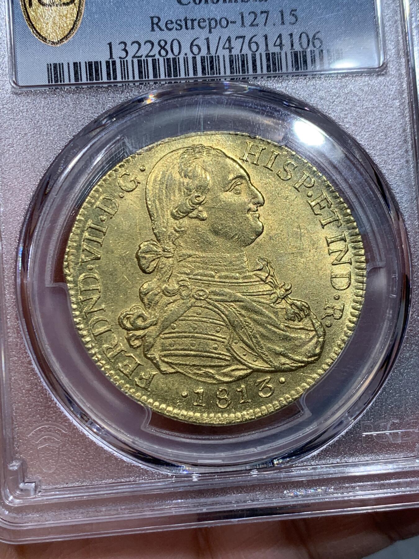 《竞宝斋》第334场 周日，周一 2场连拍 （全场包邮） PCGS MS61 西属 哥伦比亚 1813年 费七卡四头 8E 大金币全深打 状态超优 绝对低评