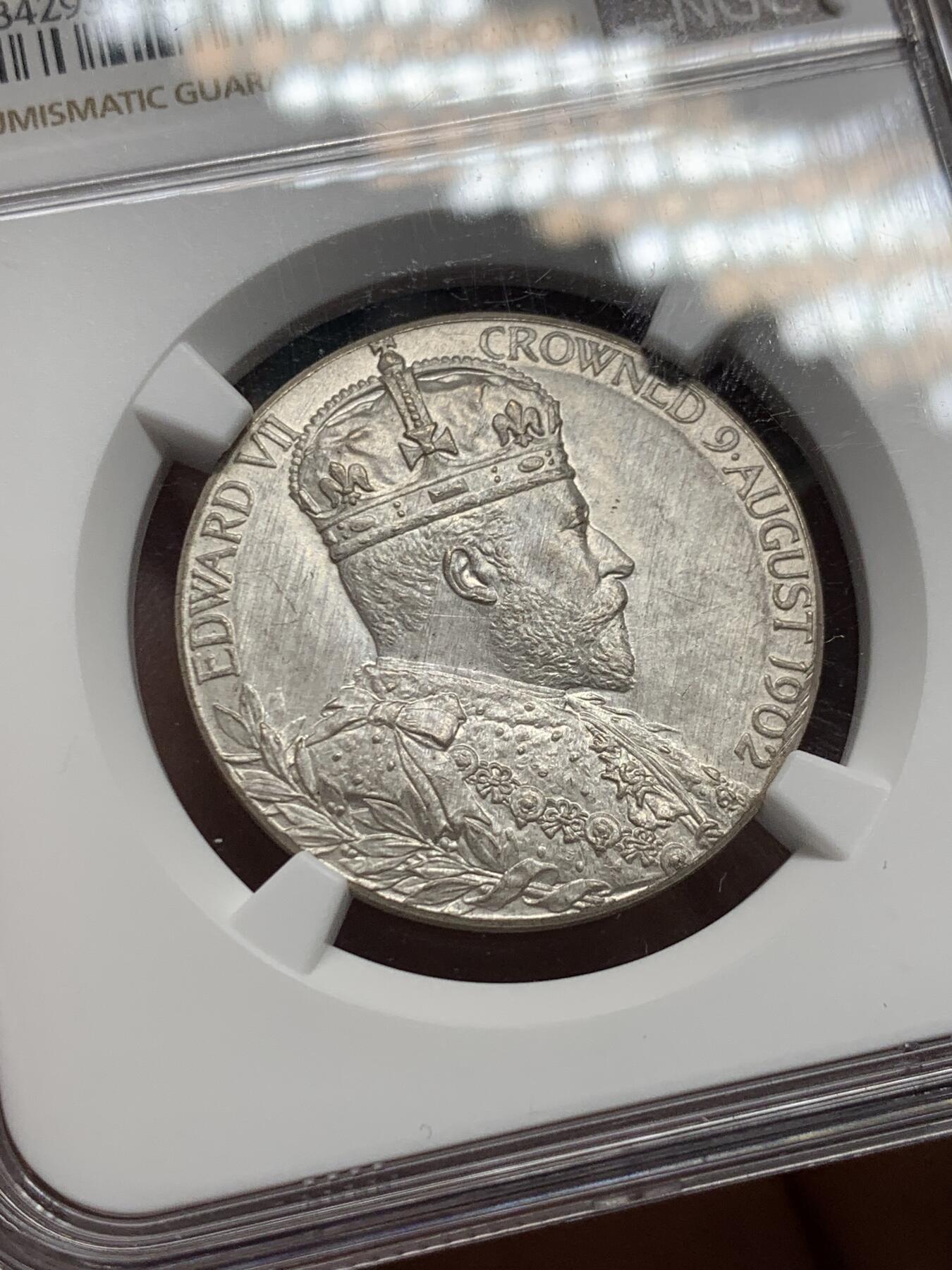 《竞宝斋》第334场 周日，周一 2场连拍 （全场包邮） NGC UNC 英国1902年爱德华七世登基纪念银章