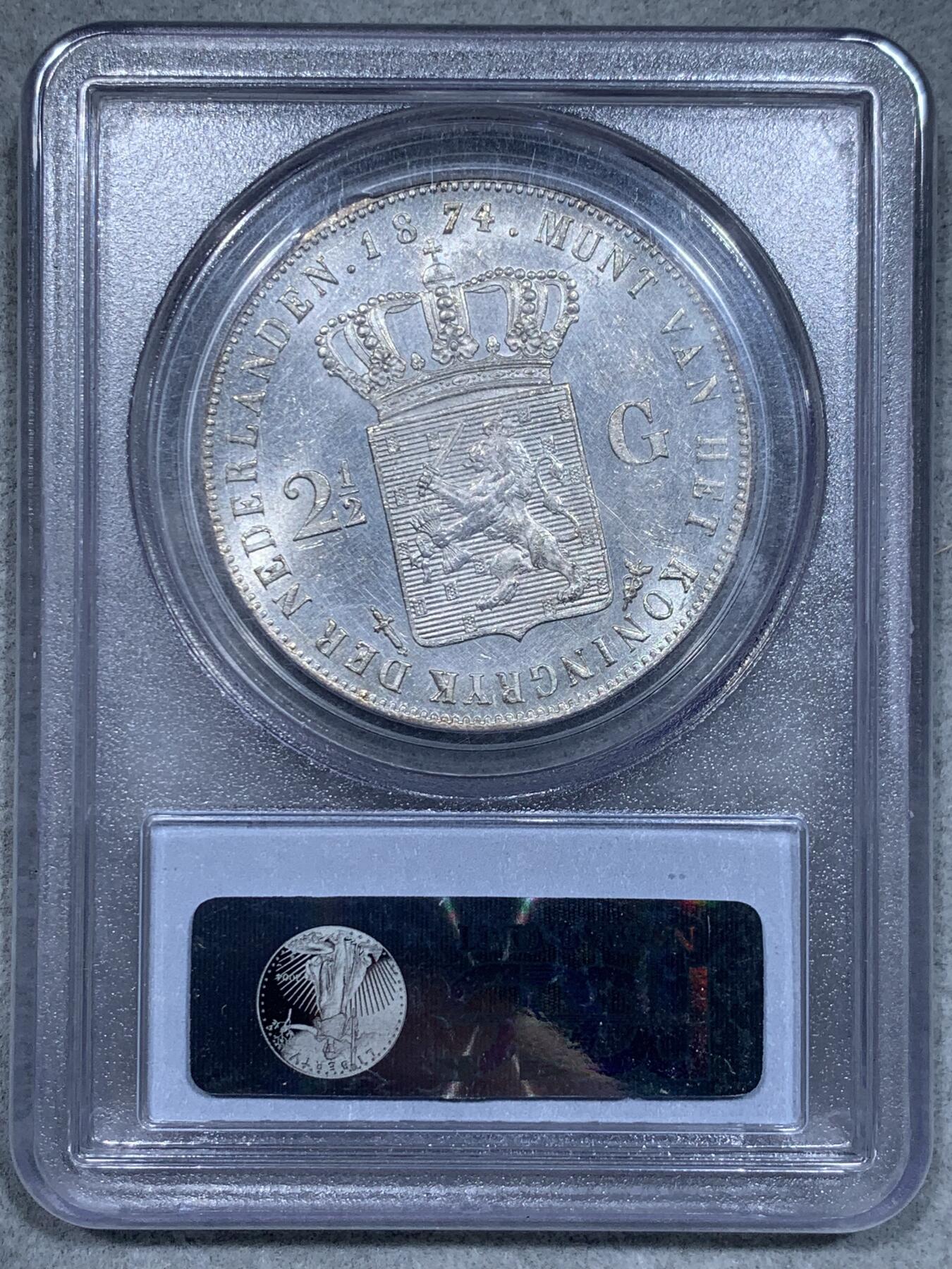《竞宝斋》第334场 周日，周一 2场连拍 （全场包邮） PCGS MS61 荷兰1874年威廉三世2.5盾银币 MS极少见