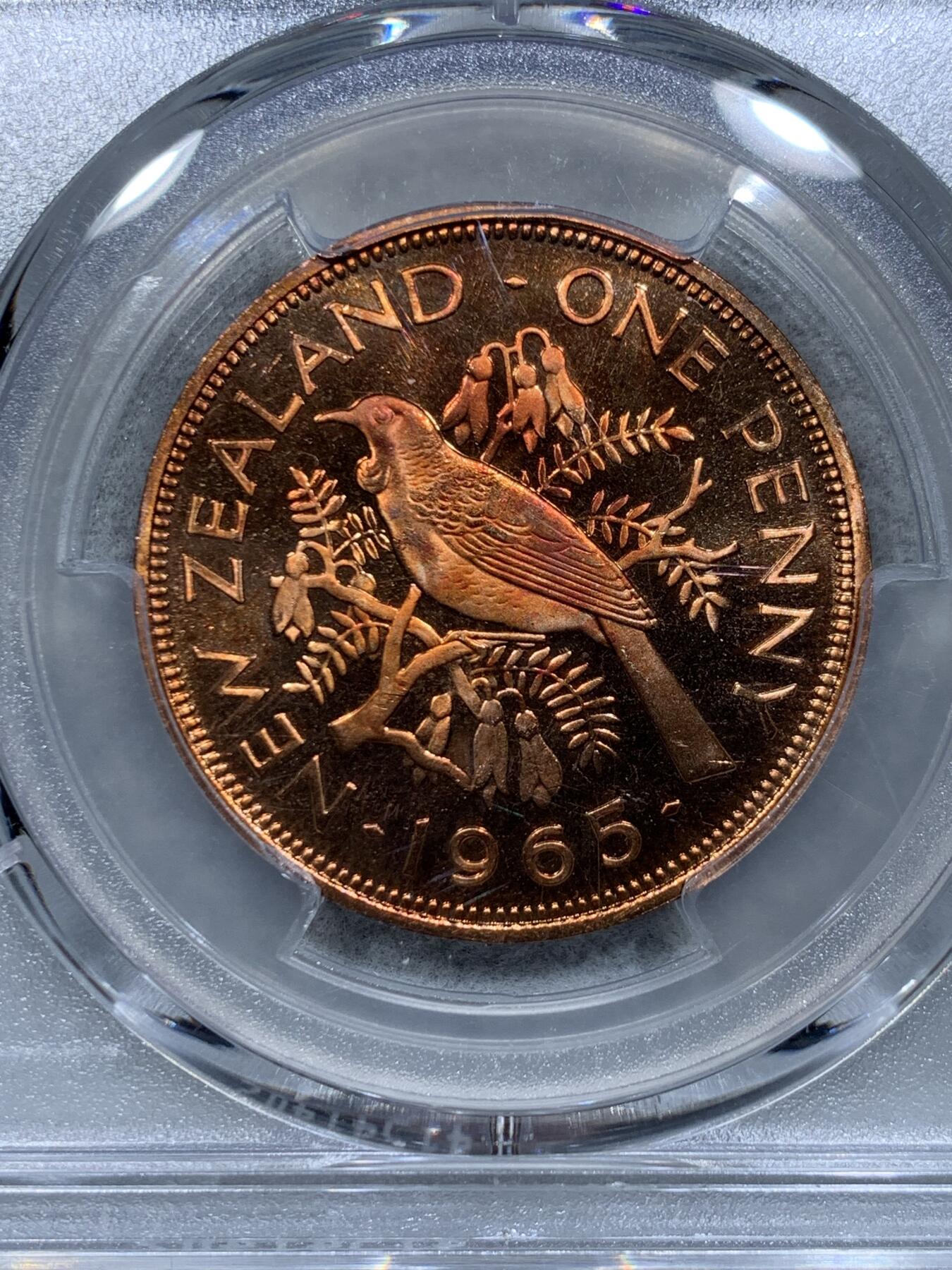 《竞宝斋》第334场 周日，周一 2场连拍 （全场包邮） PCGS SP65RD 新西兰1965年1便士样币
