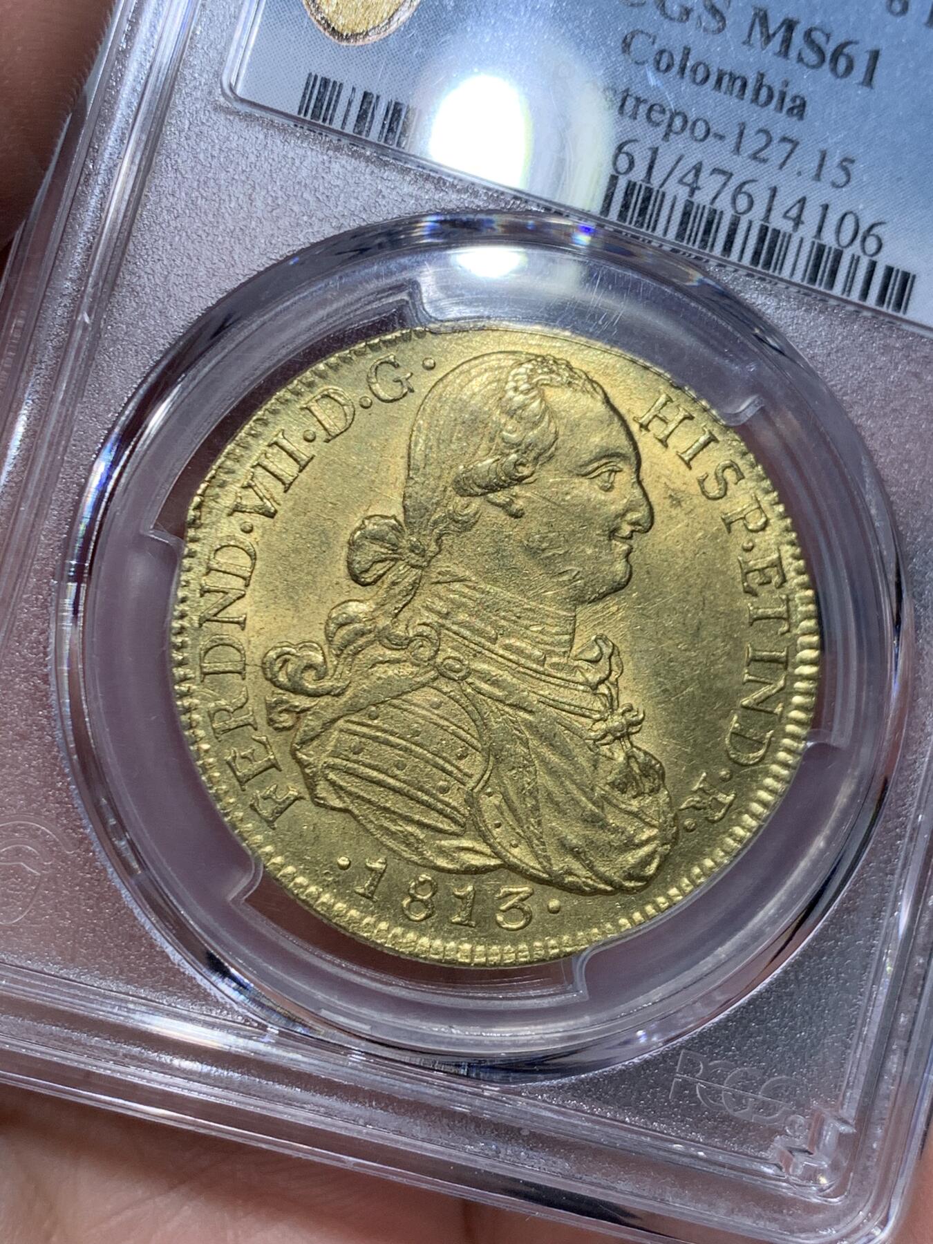 《竞宝斋》第334场 周日，周一 2场连拍 （全场包邮） PCGS MS61 西属 哥伦比亚 1813年 费七卡四头 8E 大金币全深打 状态超优 绝对低评