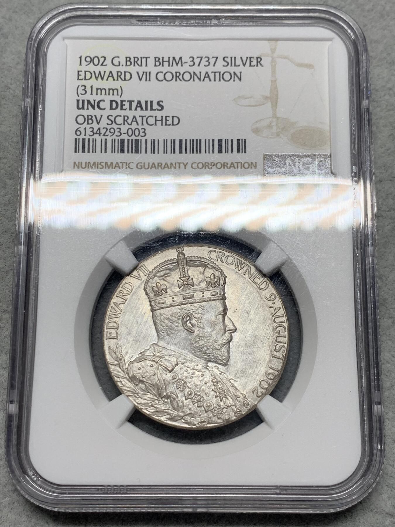 《竞宝斋》第334场 周日，周一 2场连拍 （全场包邮） NGC UNC 英国1902年爱德华七世登基纪念银章