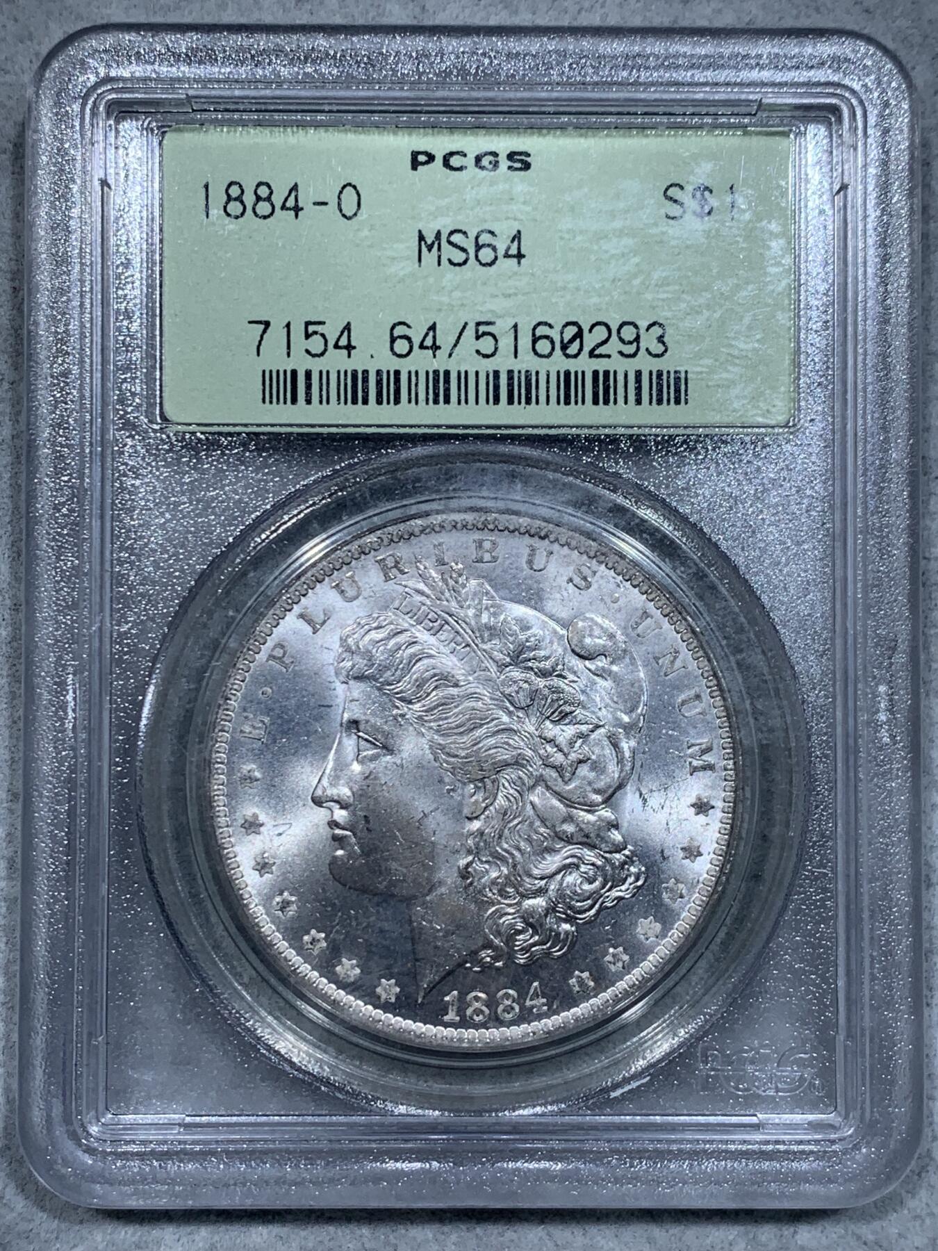 《竞宝斋》第334场 周日，周一 2场连拍 （全场包邮） PCGS MS64 美国1884年O版摩根银币，老盒好品