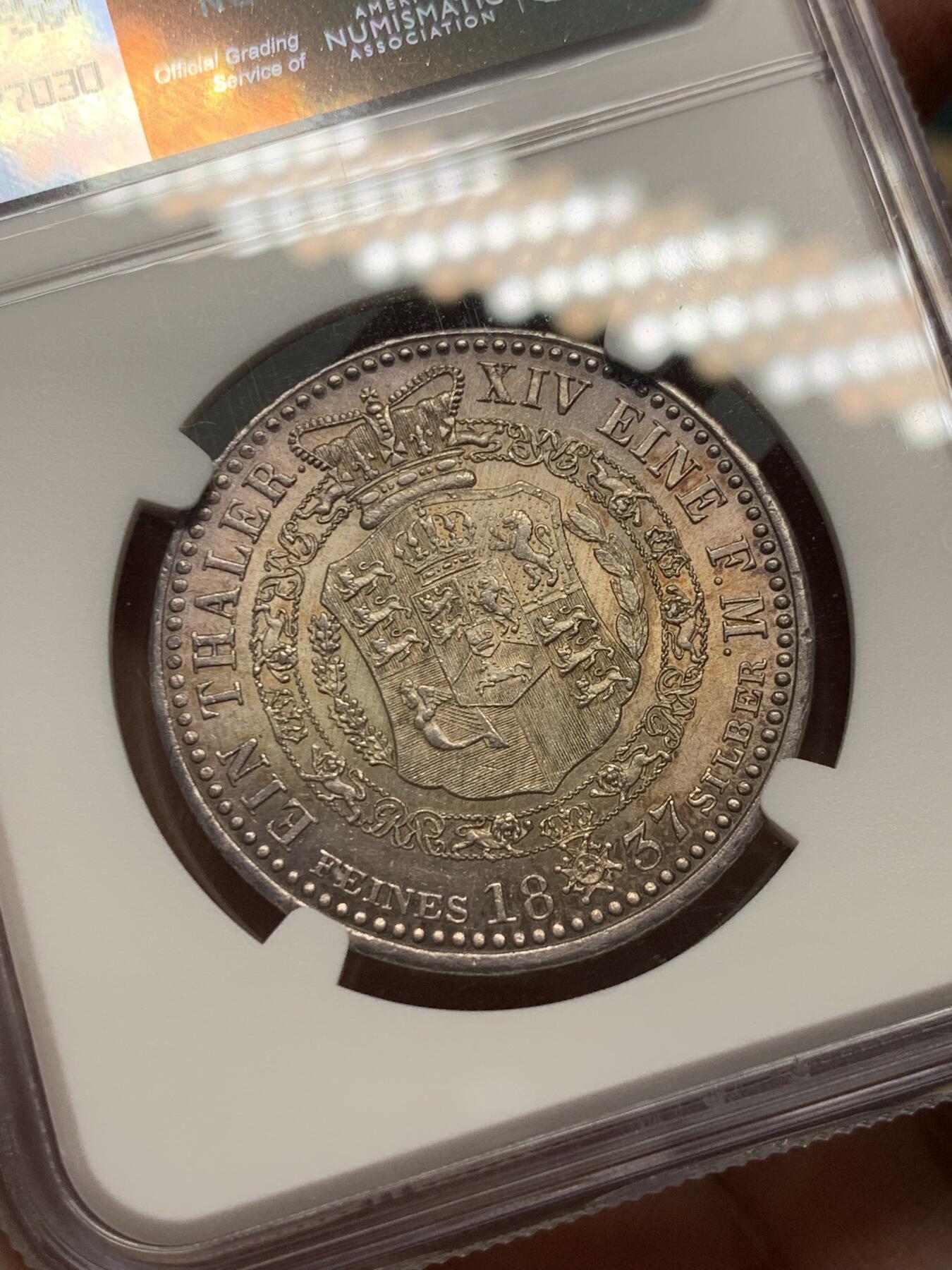 《竞宝斋》第334场 周日，周一 2场连拍 （全场包邮） 亚军分 NGC MS61 德国1837年汉诺威威廉四世头像1泰勒 只发行3年的品种 含银量0.993 国外也是少见品种