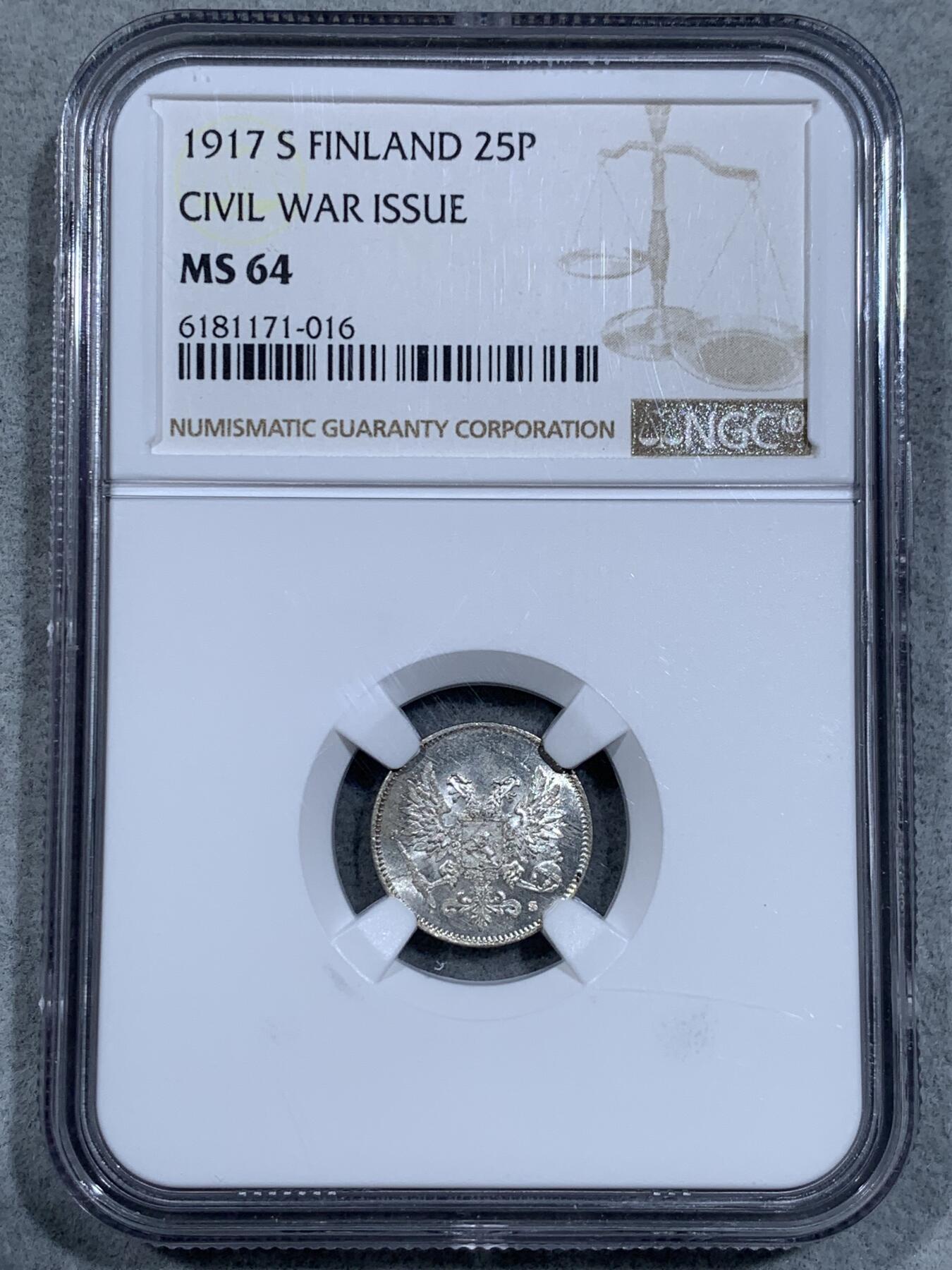 《竞宝斋》第334场 周日，周一 2场连拍 （全场包邮） NGC MS64 俄占芬兰1917年25盆尼小银币 高分可收藏