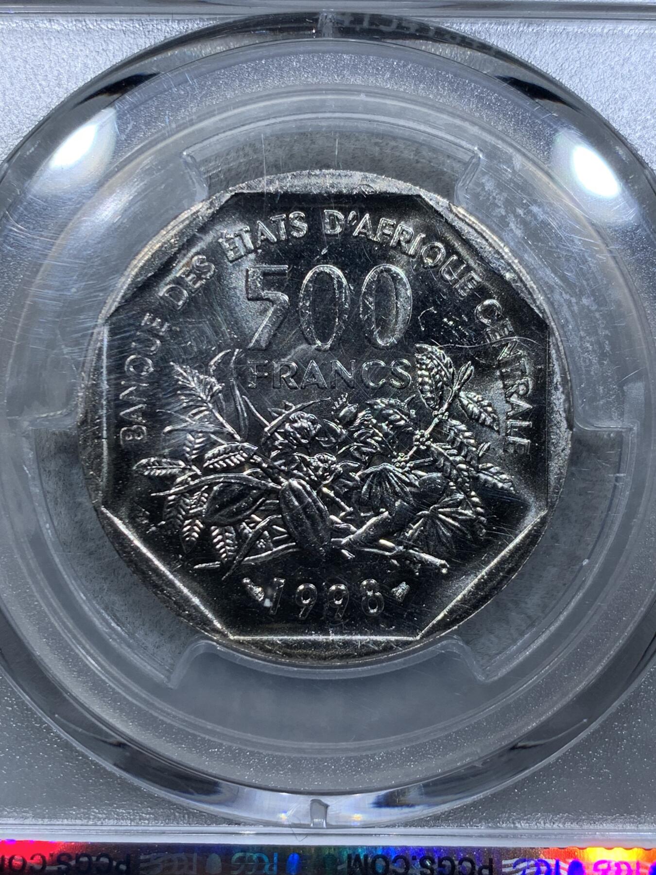 《竞宝斋》第334场 周日，周一 2场连拍 （全场包邮） PCGS MS65 中非共和国1998年500法郎
