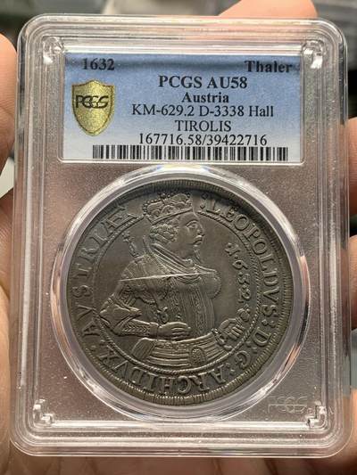 《竞宝斋》第334场 周日，周一 2场连拍 （全场包邮） - PCGS AU58 奥地利神罗1632年利奥波德五世泰勒 原味厚重包浆 人像纹章深打 盒子表面牛毛纹裂 无伤大雅