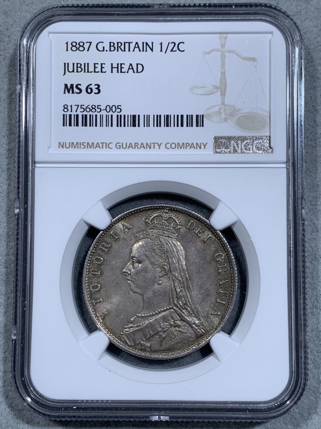 《竞宝斋》第334场 周日，周一 2场连拍 （全场包邮） NGC MS63 英国1887年维多利亚高冠半克朗银币 币面丝滑，车轮转光，淡五彩包浆