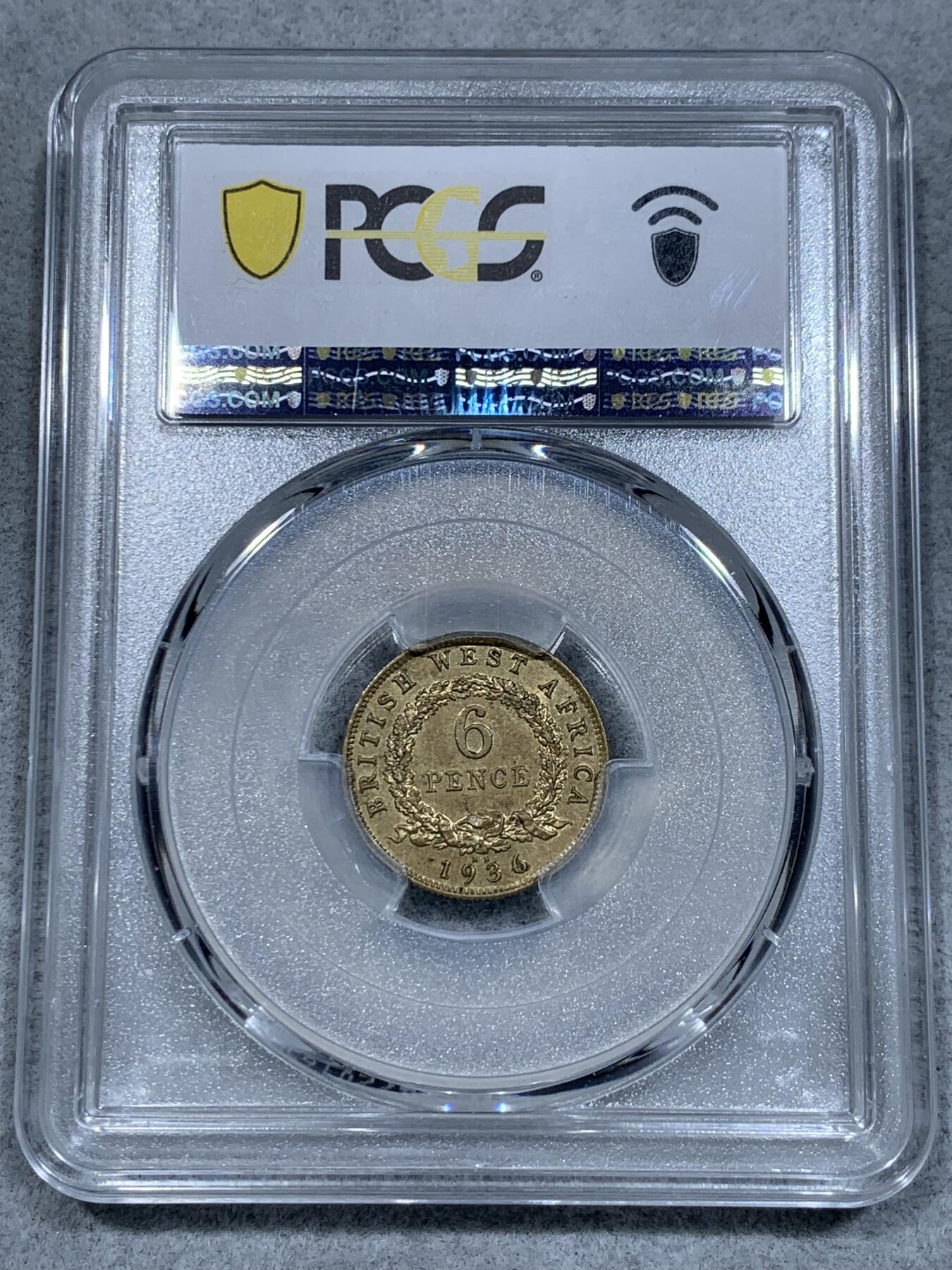 《竞宝斋》第334场 周日，周一 2场连拍 （全场包邮） PCGS SP63 英属西非1936  乔五 6便士 少见高分