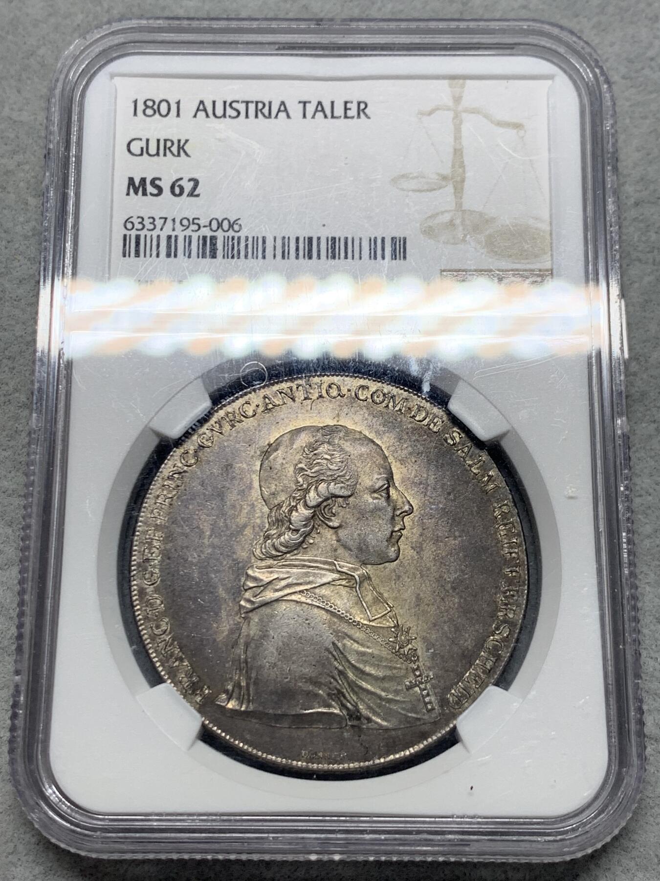 《竞宝斋》第334场 周日，周一 2场连拍 （全场包邮） NGC MS62 奥地利 1801年 阿尔卑斯山主教区 1泰勒银币 单年品种 深黑包浆 可藏