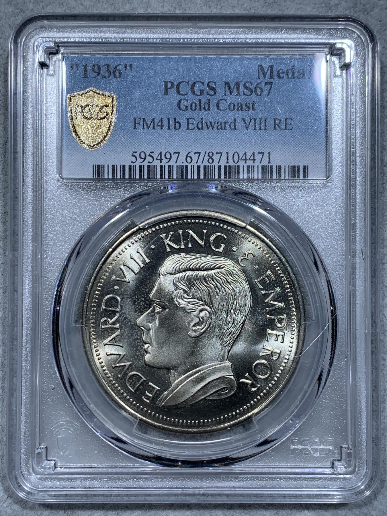 《竞宝斋》第334场 周日，周一 2场连拍 （全场包邮） PCGS MS67 亚军 1936年（币面标注） 英国爱德华八世 英属黄金海岸 克朗型戏铸币