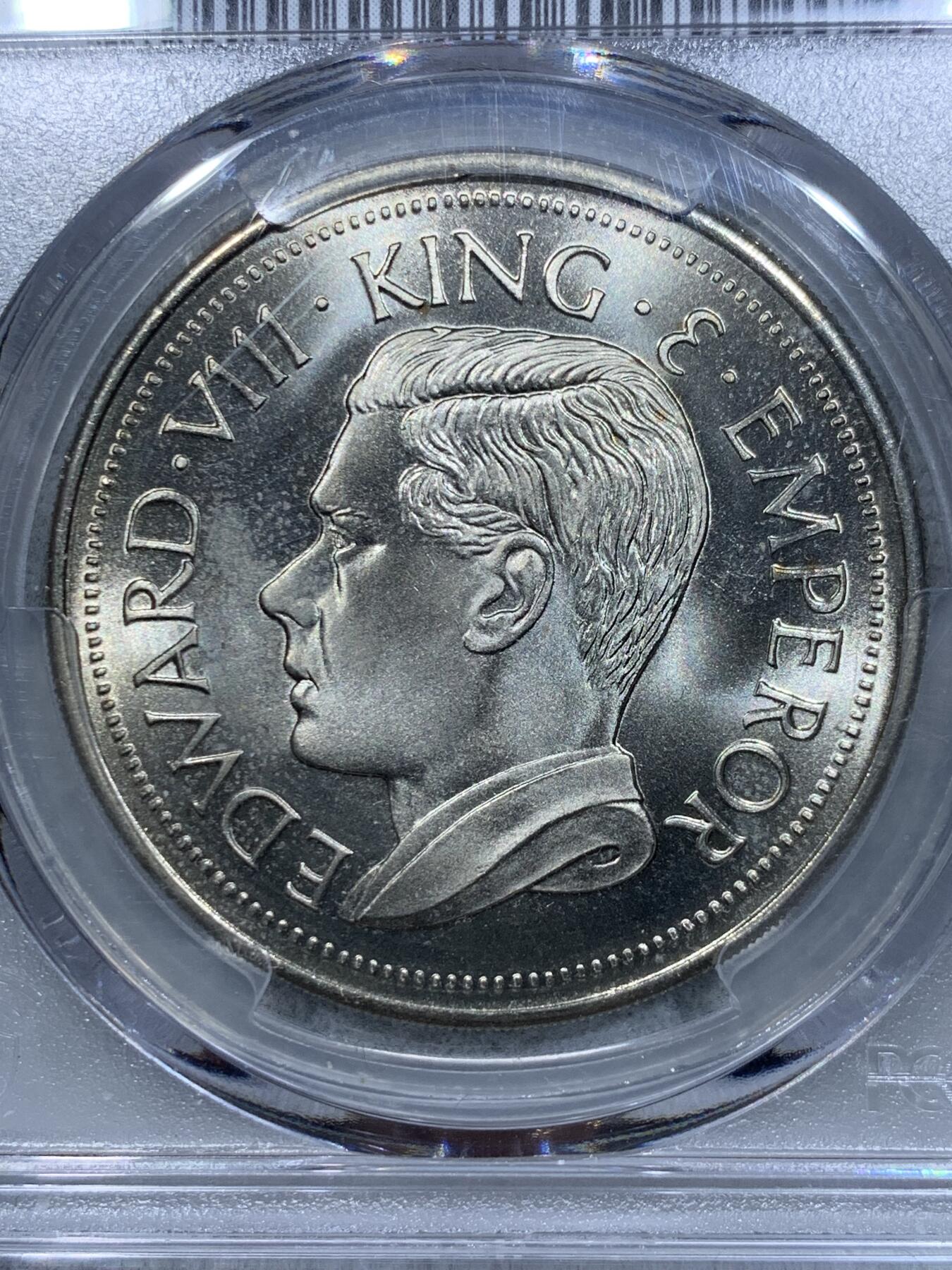 《竞宝斋》第334场 周日，周一 2场连拍 （全场包邮） PCGS MS67 亚军 1936年（币面标注） 英国爱德华八世 英属黄金海岸 克朗型戏铸币