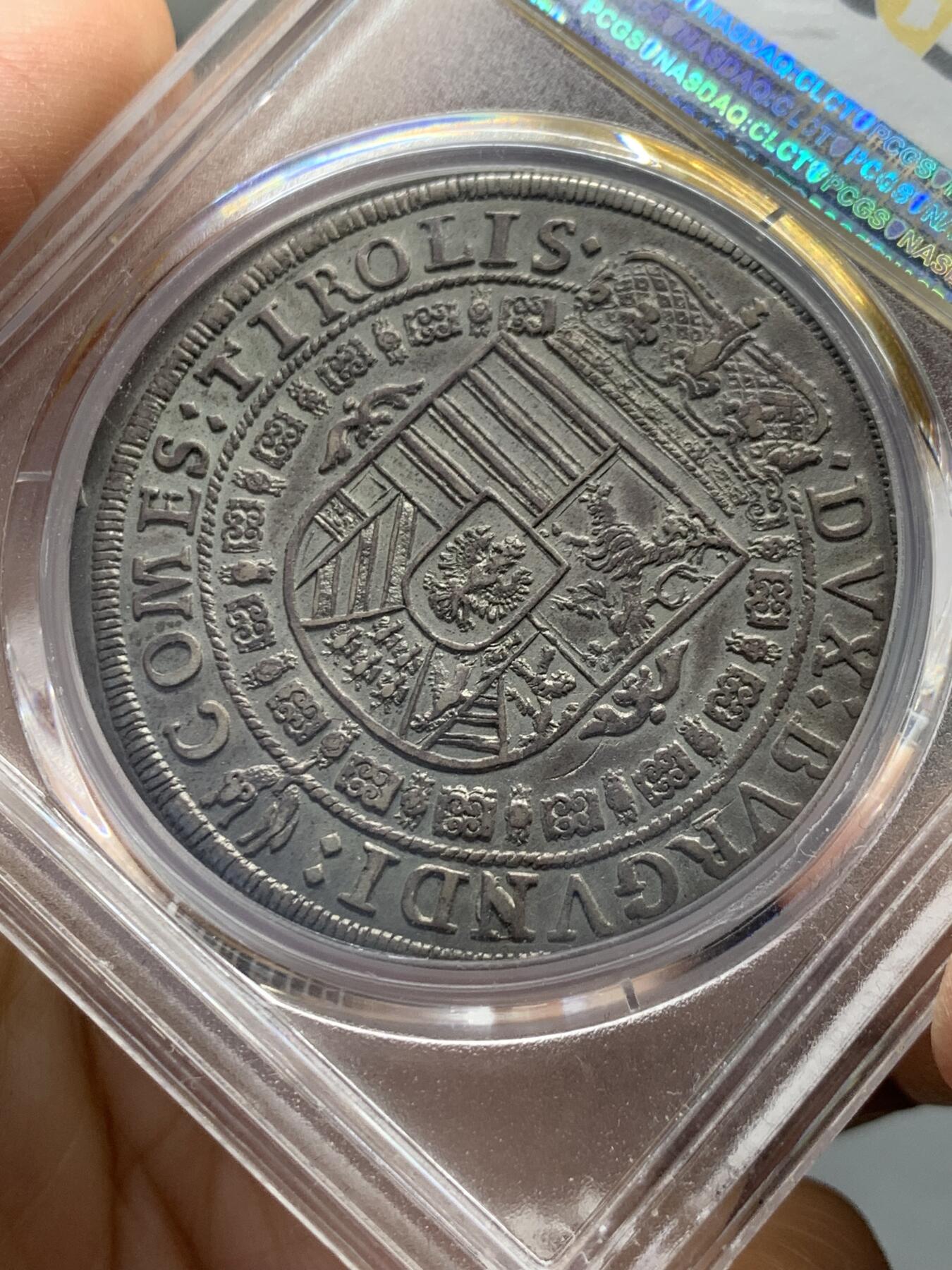 《竞宝斋》第334场 周日，周一 2场连拍 （全场包邮） PCGS AU58 奥地利神罗1632年利奥波德五世泰勒 原味厚重包浆 人像纹章深打 盒子表面牛毛纹裂 无伤大雅