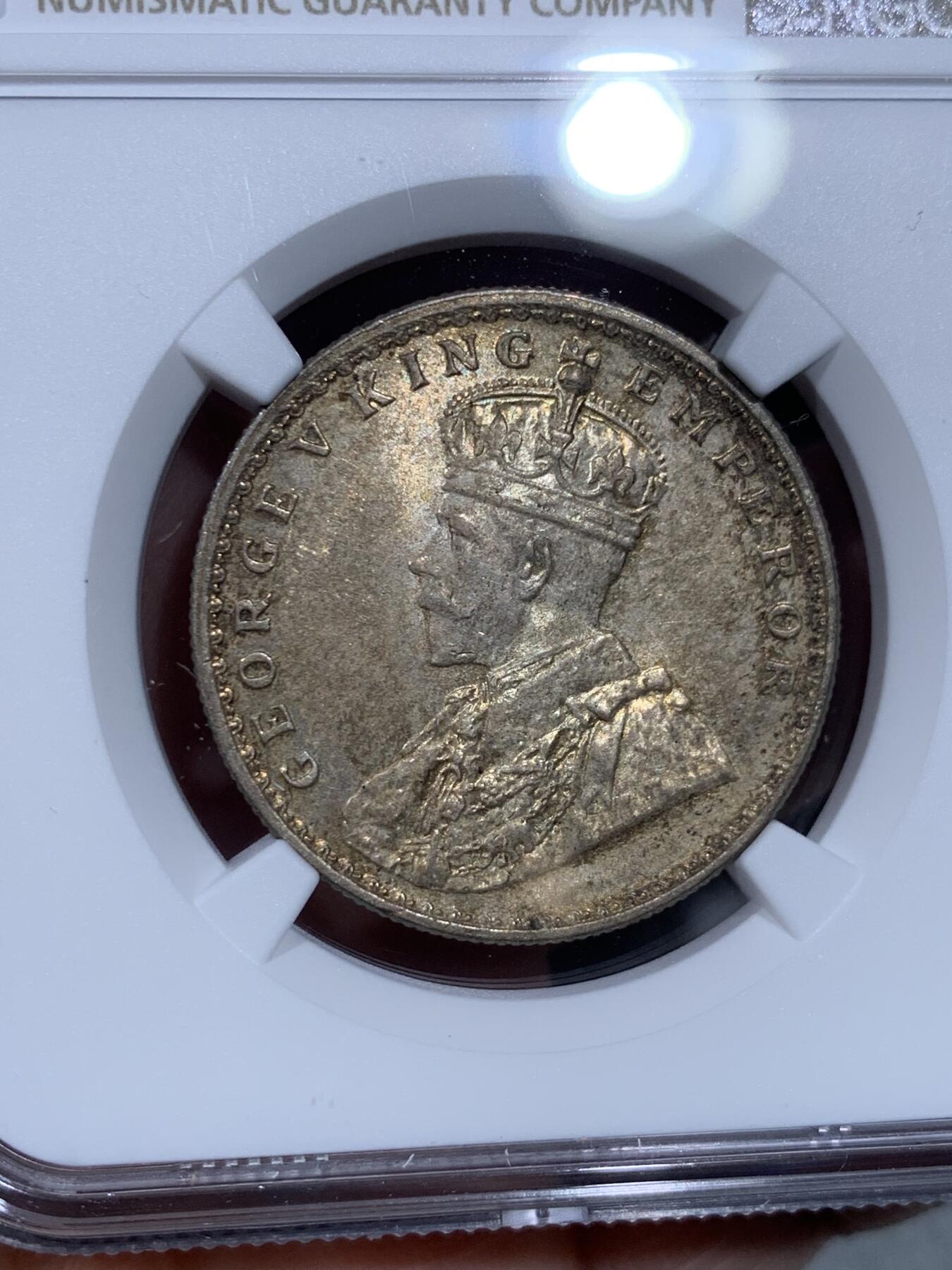 《竞宝斋》第334场 周日，周一 2场连拍 （全场包邮） NGC MS64 印度1920年乔治五世卢比银币 币面丝绸光泽，养眼