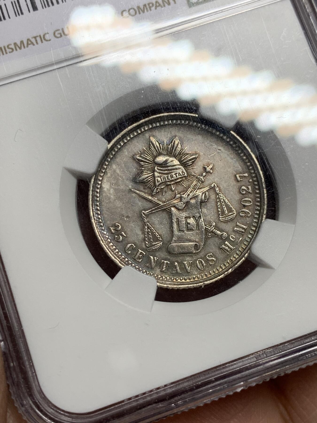 《竞宝斋》第334场 周日，周一 2场连拍 （全场包邮） 亚军分 NGC MS62 墨西哥1871年天平鹰洋25分银币，稀少