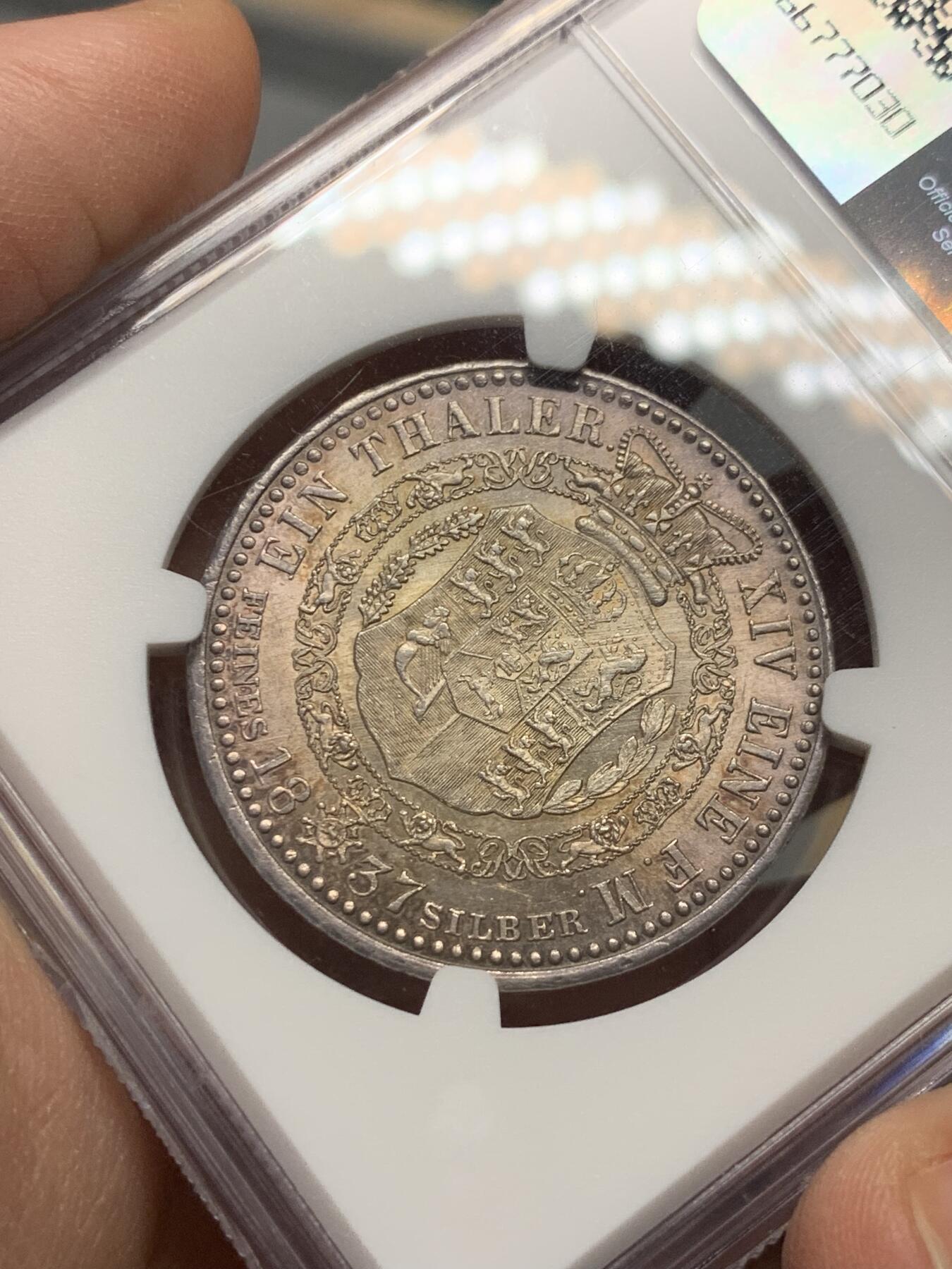 《竞宝斋》第334场 周日，周一 2场连拍 （全场包邮） 亚军分 NGC MS61 德国1837年汉诺威威廉四世头像1泰勒 只发行3年的品种 含银量0.993 国外也是少见品种