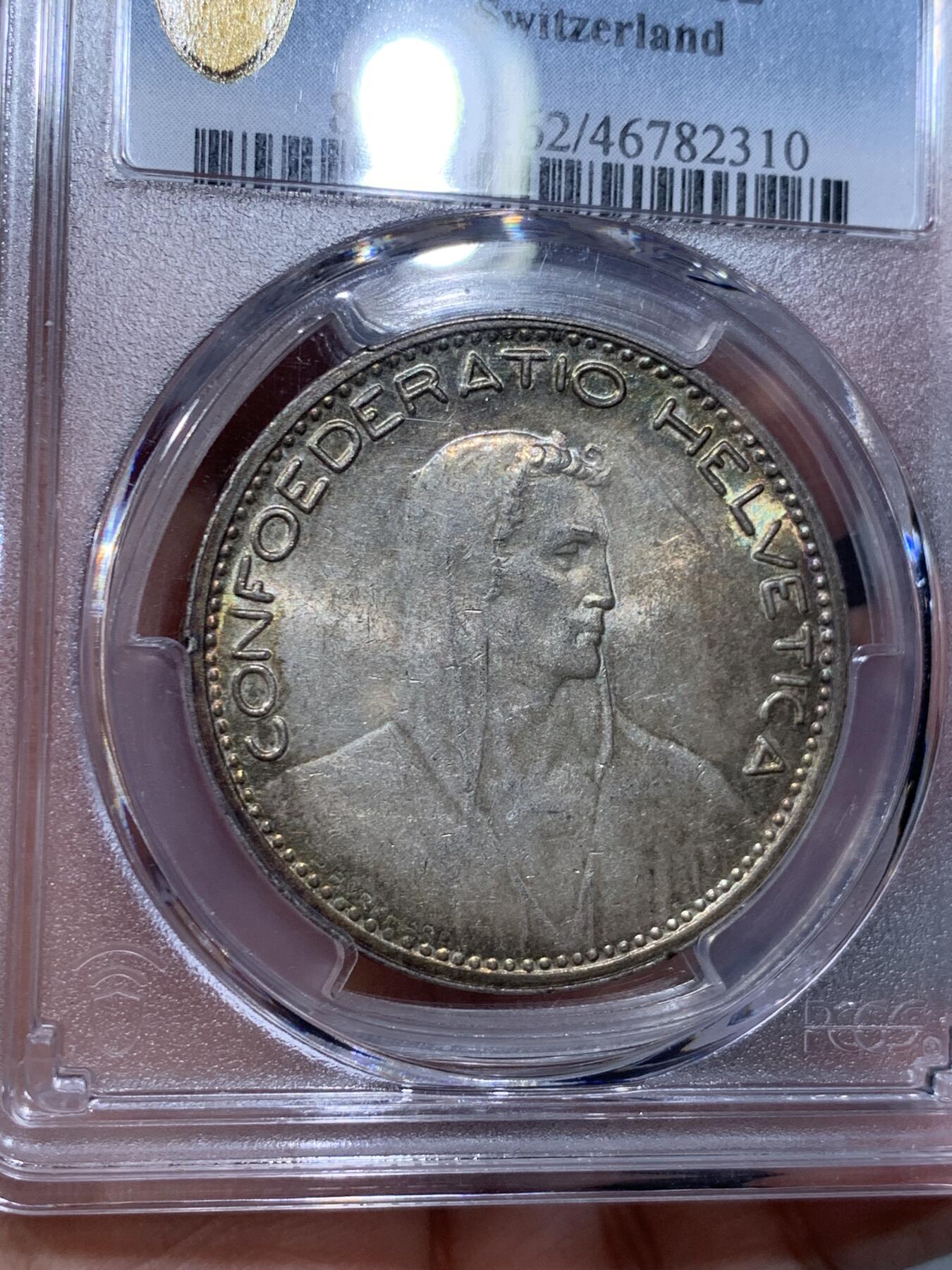 《竞宝斋》第334场 周日，周一 2场连拍 （全场包邮） PCGS MS62 环五彩原光瑞士1923年5法郎大银币