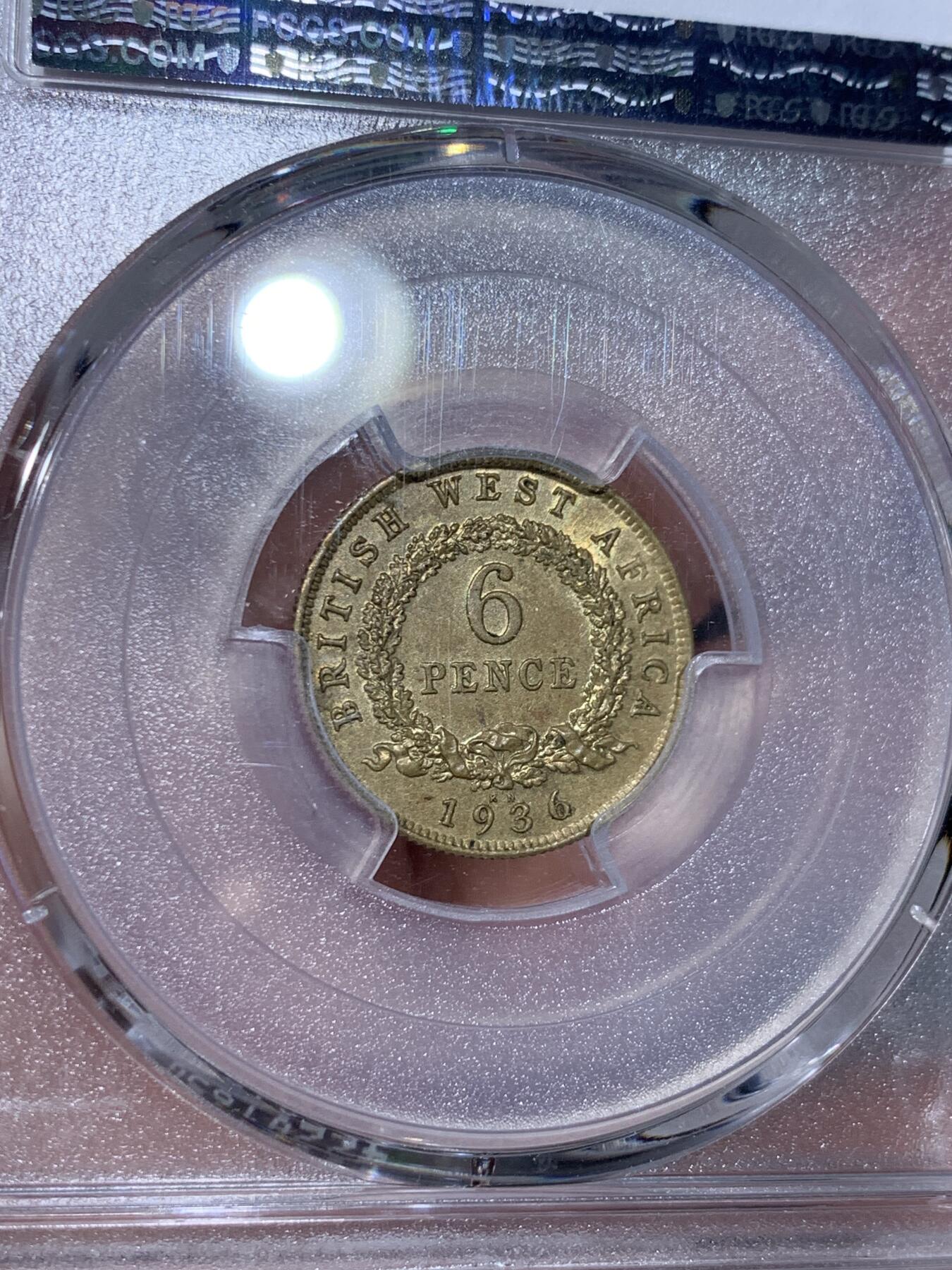 《竞宝斋》第334场 周日，周一 2场连拍 （全场包邮） PCGS SP63 英属西非1936  乔五 6便士 少见高分
