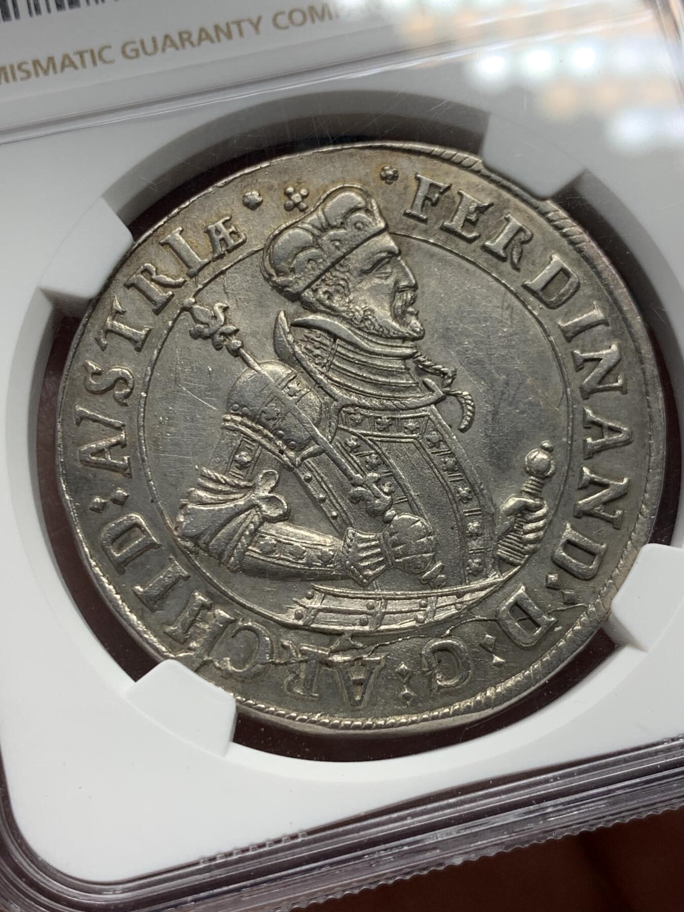 《竞宝斋》第334场 周日，周一 2场连拍 （全场包邮） NGC AUD 神圣罗马帝国1564-95年大公斐迪南二世1泰勒银币 少见早期神罗品种，细节见图