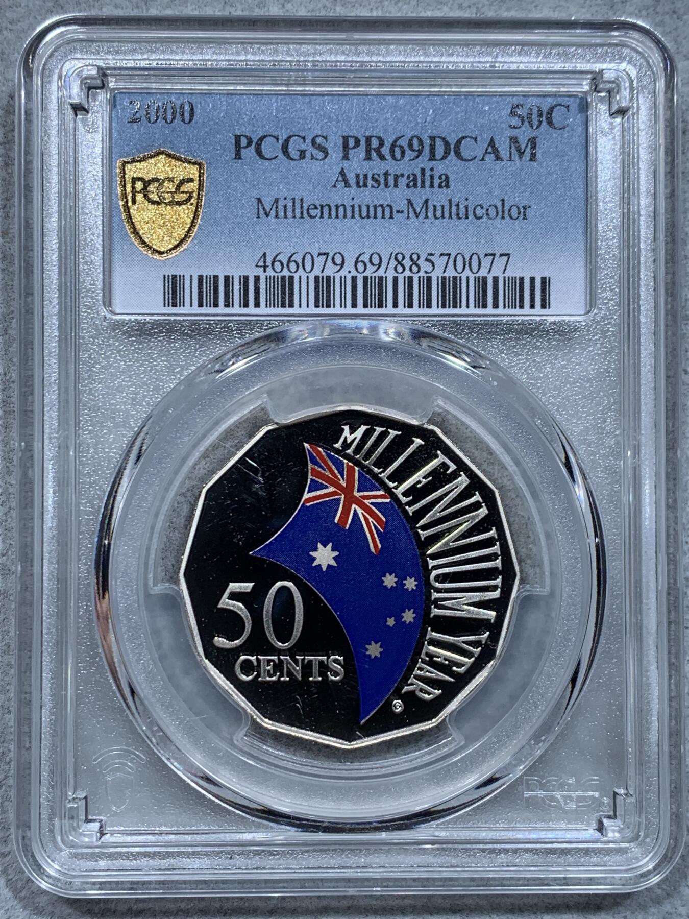 《竞宝斋》第334场 周日，周一 2场连拍 （全场包邮） PCGS PR69DCAM 澳大利亚2000年彩色国旗50分精制纪念币