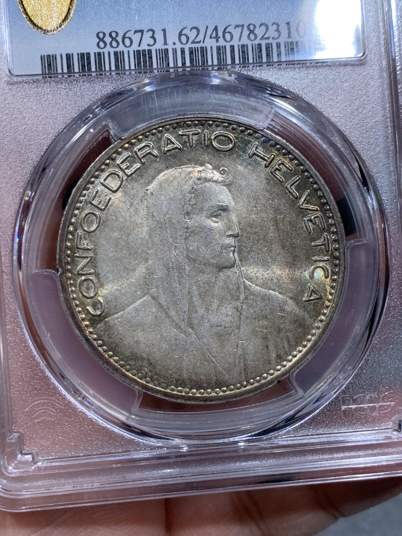 《竞宝斋》第334场 周日，周一 2场连拍 （全场包邮） PCGS MS62 环五彩原光瑞士1923年5法郎大银币