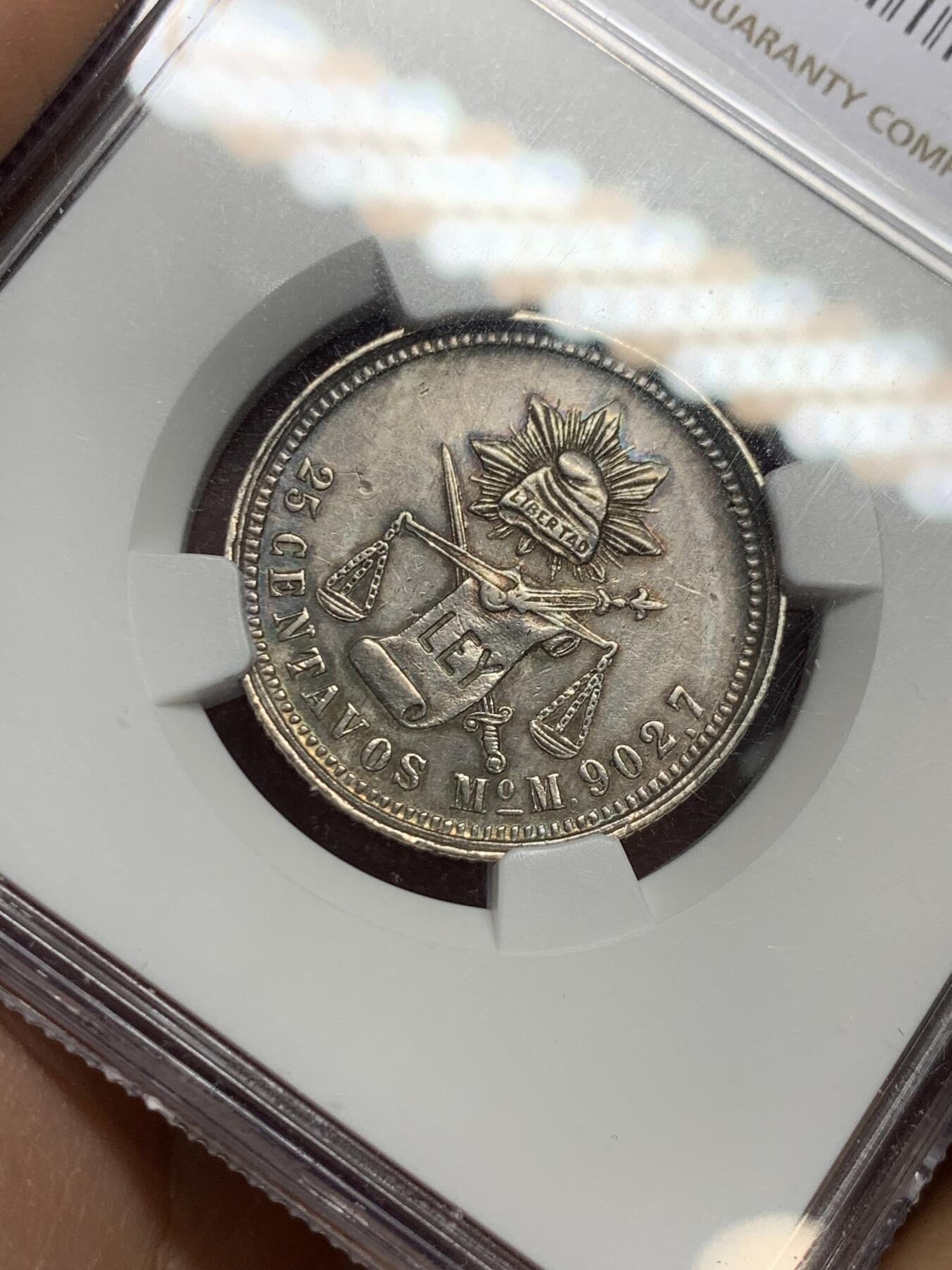 《竞宝斋》第334场 周日，周一 2场连拍 （全场包邮） 亚军分 NGC MS62 墨西哥1871年天平鹰洋25分银币，稀少