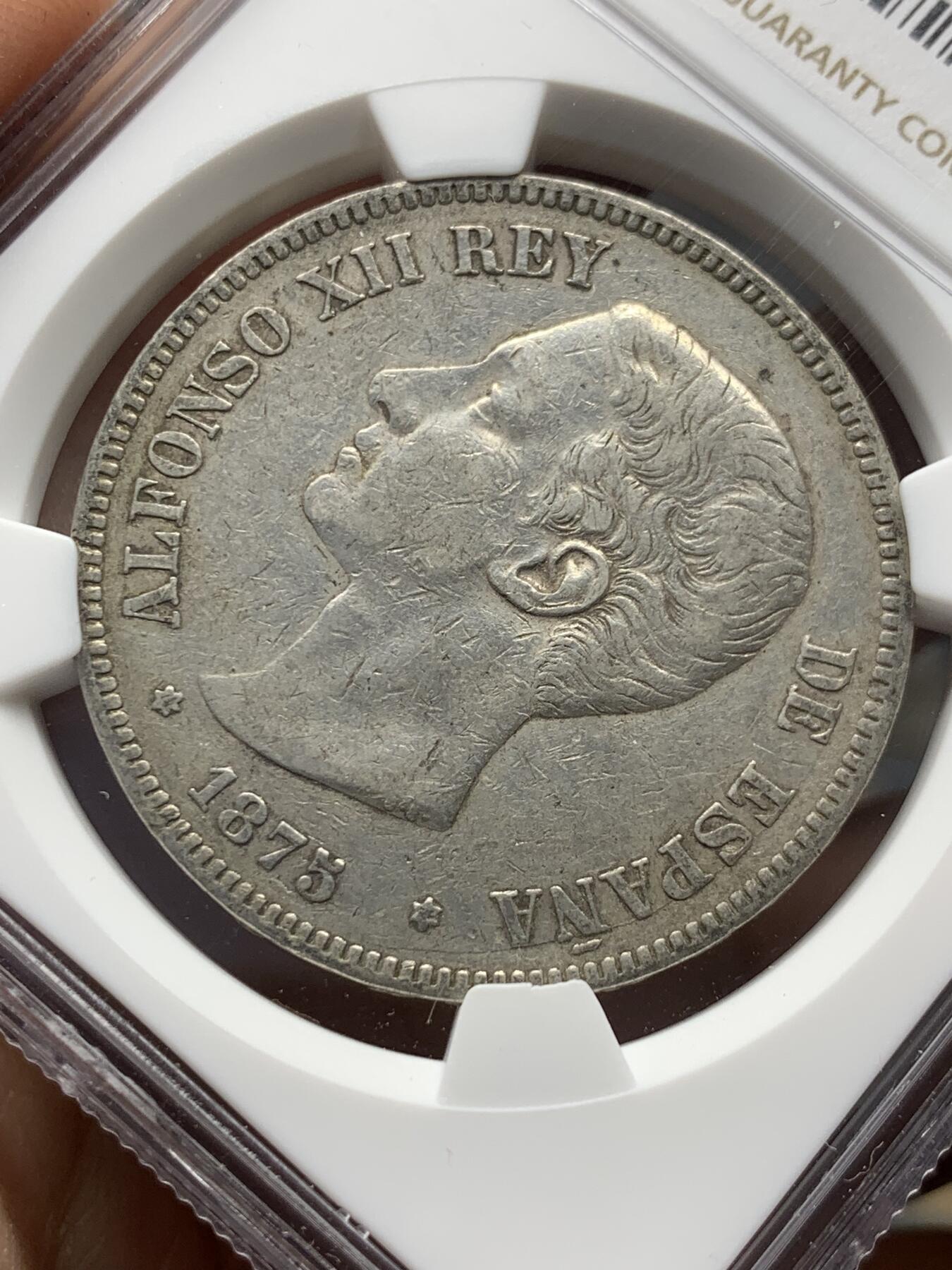 《竞宝斋》第334场 周日，周一 2场连拍 （全场包邮） NGC XF 西班牙1875年 阿方索十二世 5比塞塔双柱大银币