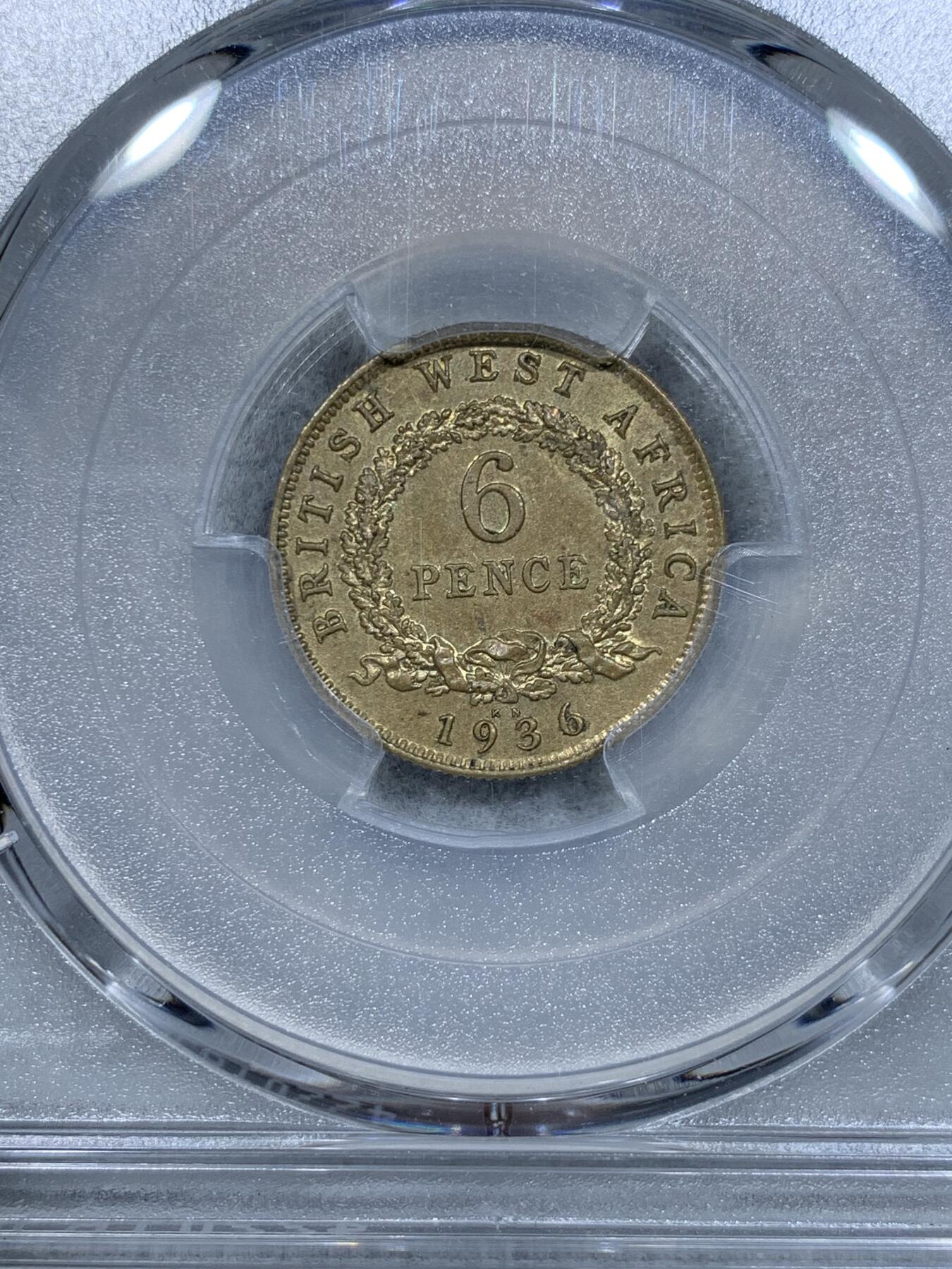《竞宝斋》第334场 周日，周一 2场连拍 （全场包邮） PCGS SP63 英属西非1936  乔五 6便士 少见高分