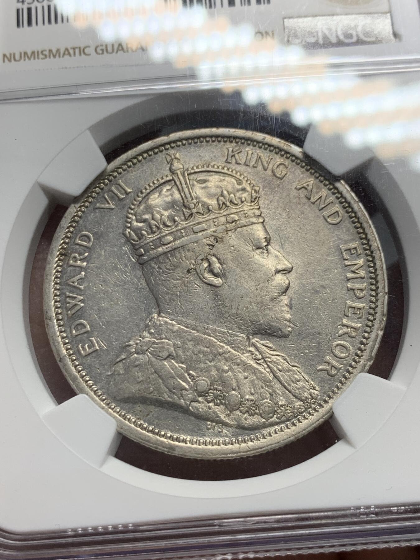 《竞宝斋》第334场 周日，周一 2场连拍 （全场包邮） NGC AU53 英属海峡1903年RAISED凸B版爱七一元大样银币，少见版