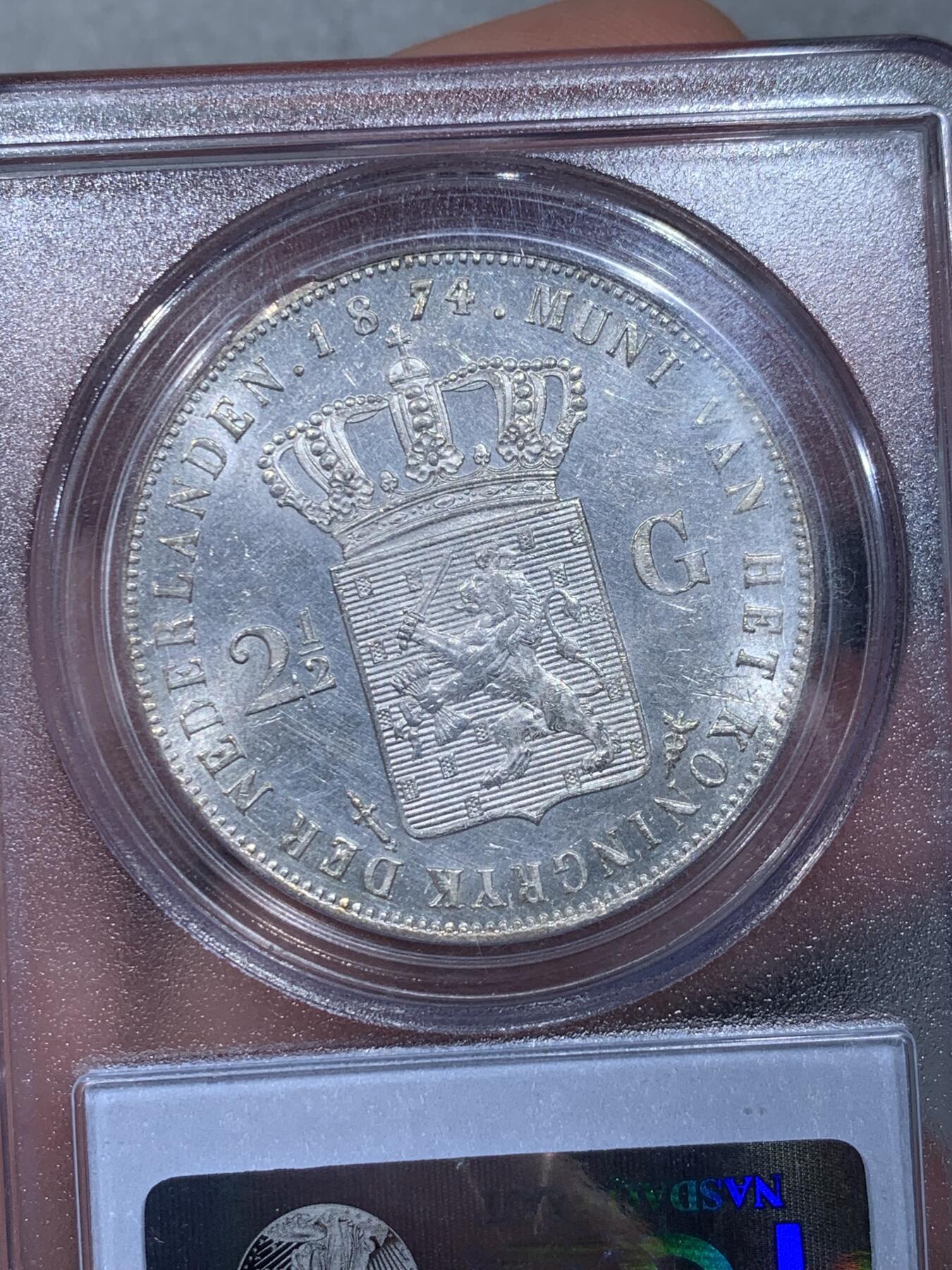 《竞宝斋》第334场 周日，周一 2场连拍 （全场包邮） PCGS MS61 荷兰1874年威廉三世2.5盾银币 MS极少见