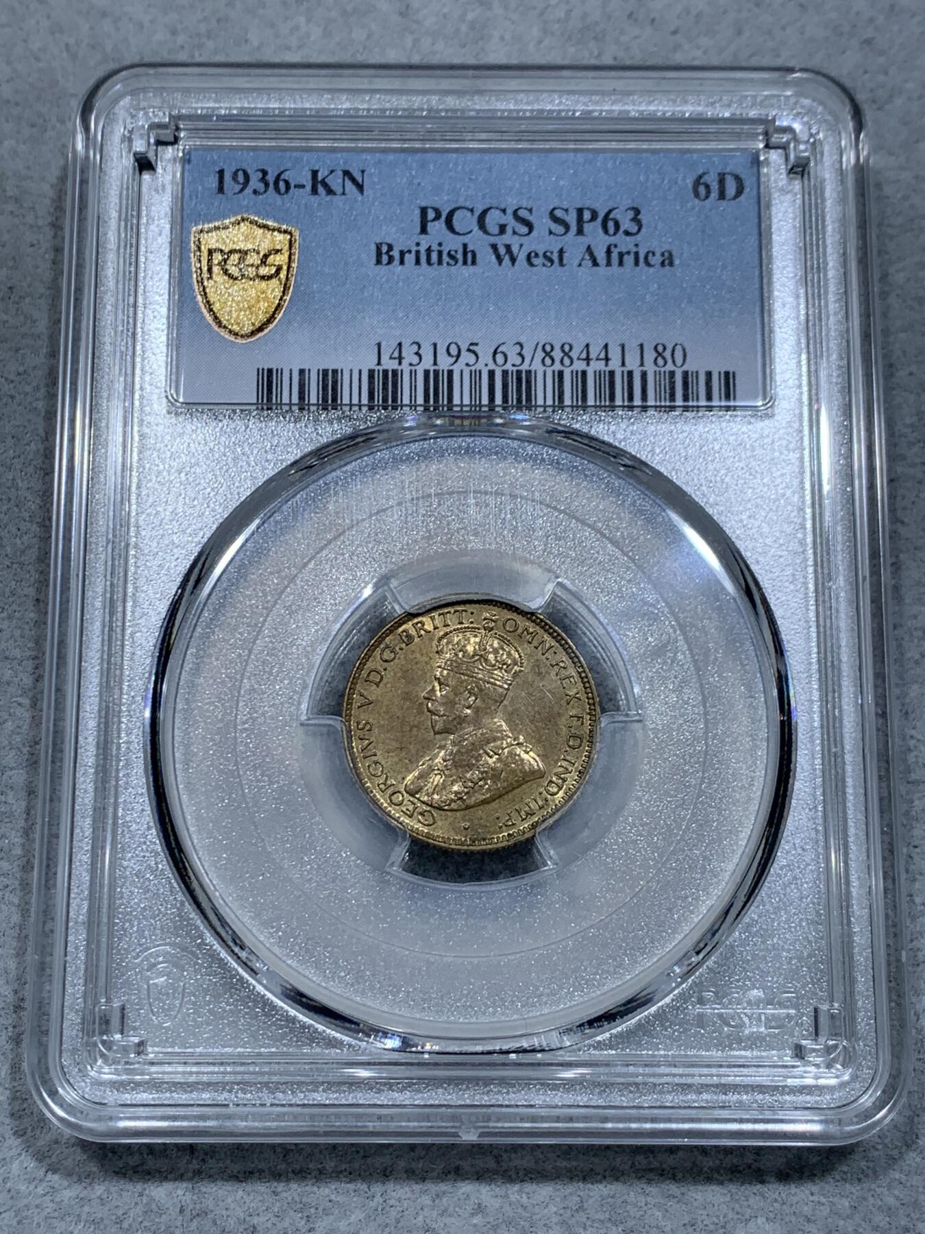 《竞宝斋》第334场 周日，周一 2场连拍 （全场包邮） PCGS SP63 英属西非1936  乔五 6便士 少见高分