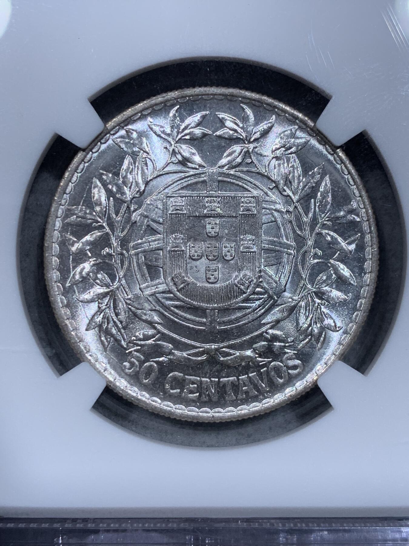 《竞宝斋》第334场 周日，周一 2场连拍 （全场包邮） NGC MS63 葡萄牙1916年自由女神50分银币
