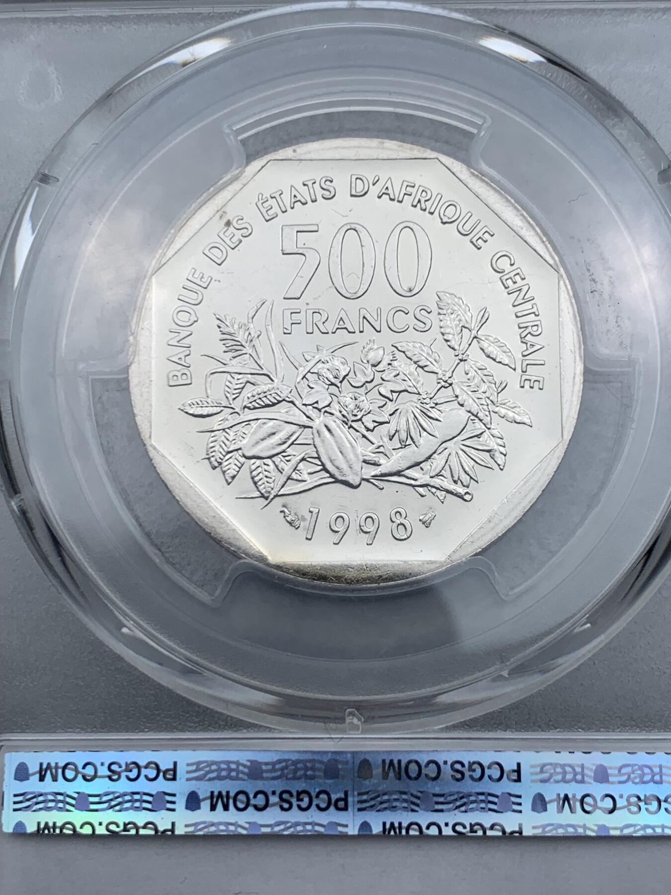 《竞宝斋》第334场 周日，周一 2场连拍 （全场包邮） PCGS MS65 中非共和国1998年500法郎
