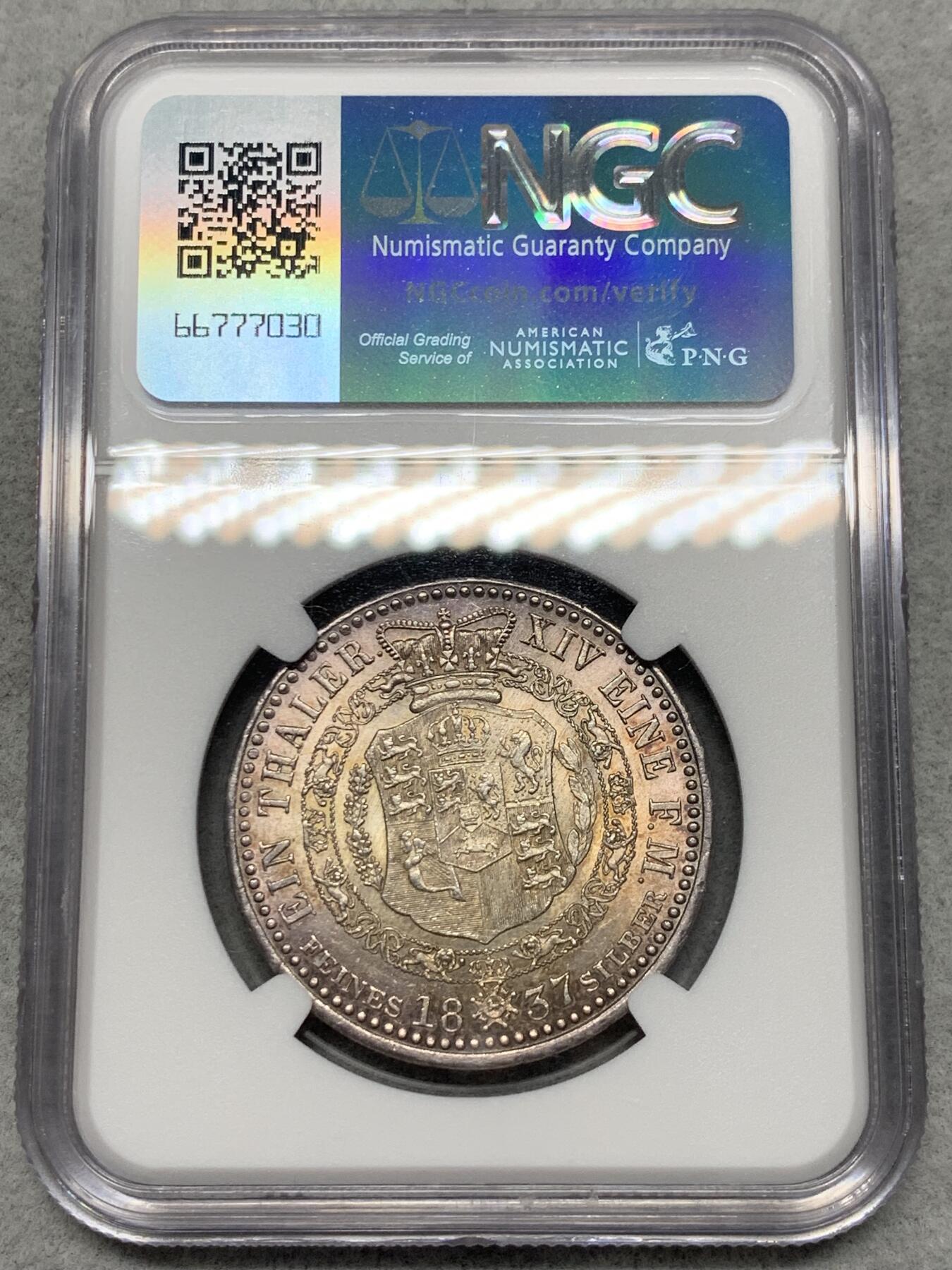 《竞宝斋》第334场 周日，周一 2场连拍 （全场包邮） 亚军分 NGC MS61 德国1837年汉诺威威廉四世头像1泰勒 只发行3年的品种 含银量0.993 国外也是少见品种