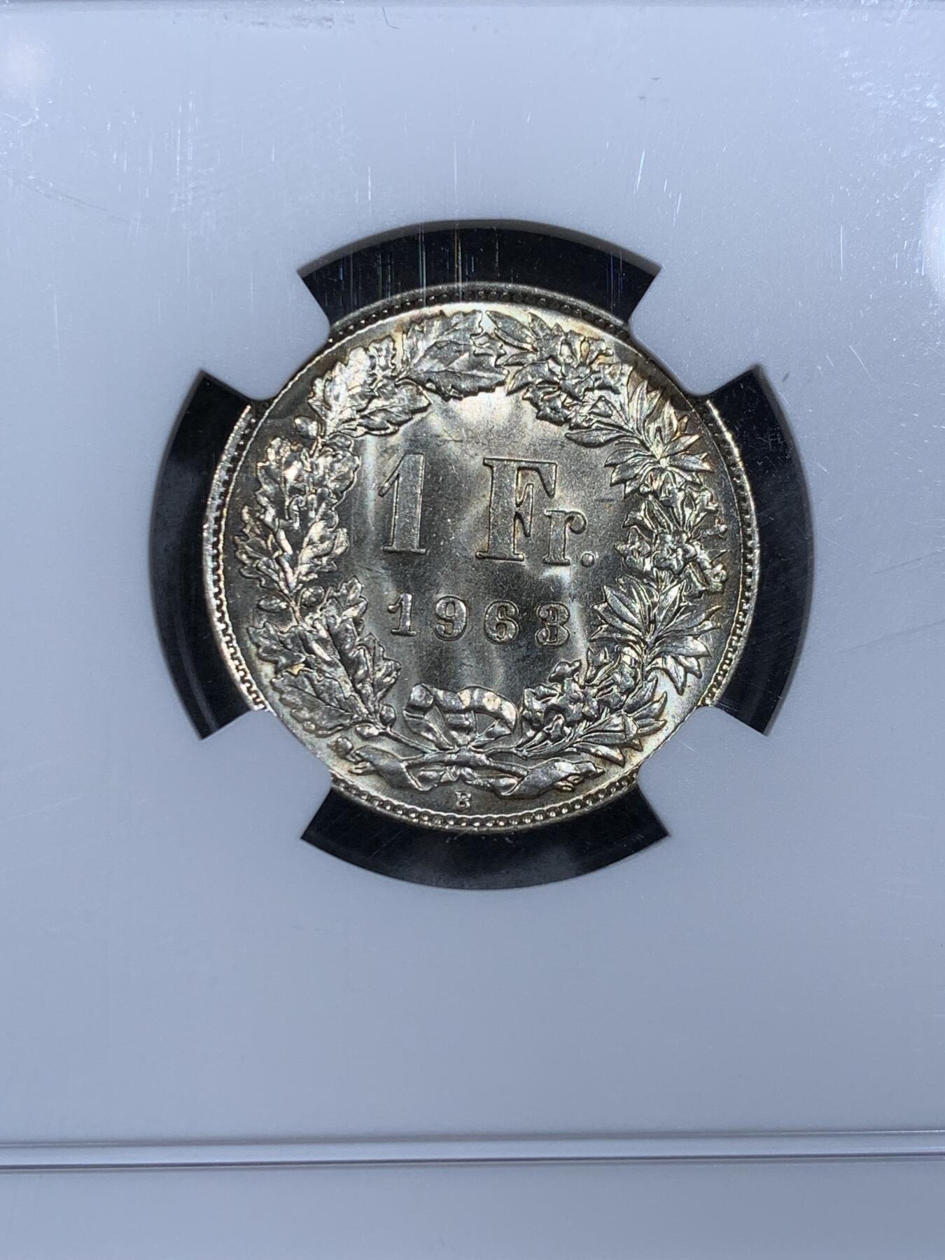 《竞宝斋》第334场 周日，周一 2场连拍 （全场包邮） NGC MS63 瑞士1963B雪山女神赫尔维蒂亚1法郎银币