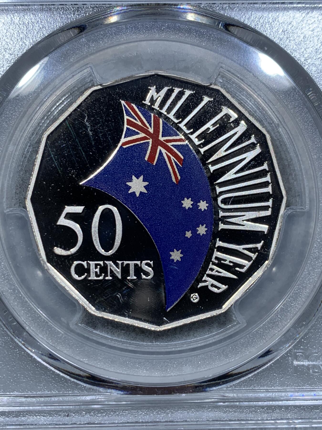 《竞宝斋》第334场 周日，周一 2场连拍 （全场包邮） PCGS PR69DCAM 澳大利亚2000年彩色国旗50分精制纪念币