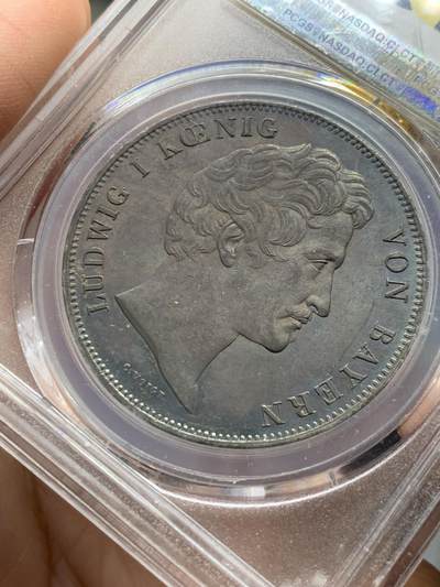 PCGS AU55 德国巴伐利亚1842年2泰勒银币 马克西米利安王储大婚 原味墨绿色环彩包浆 盒子背面牛毛纹裂 无伤大雅