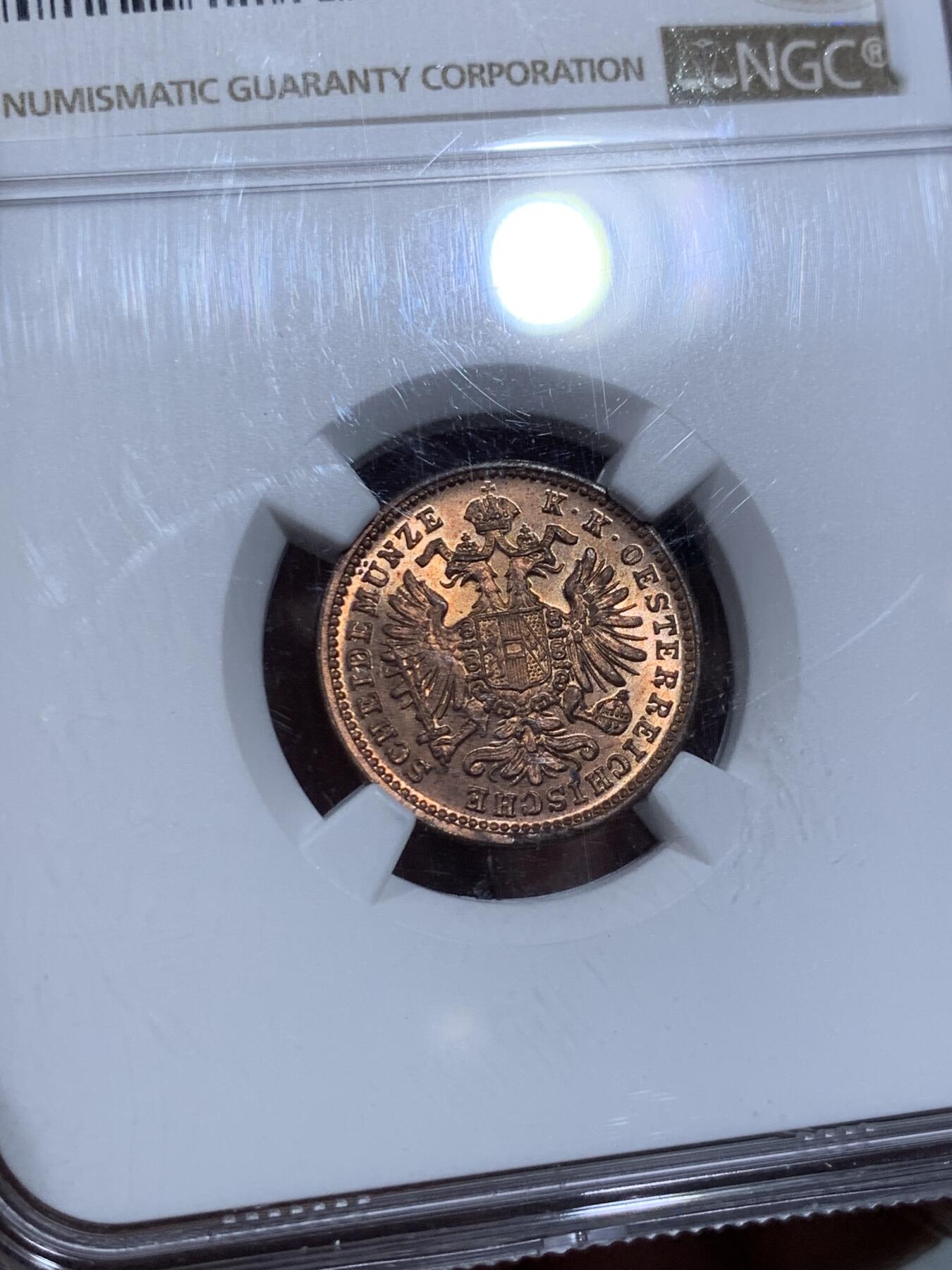《竞宝斋》第334场 周日，周一 2场连拍 （全场包邮） NGC MS64RB 1885 奥地利约瑟夫一世1克洛泽铜币