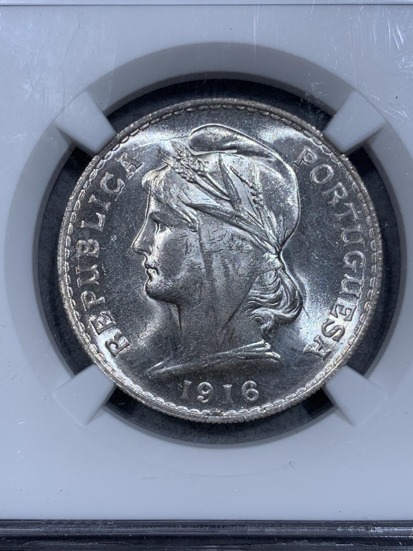 《竞宝斋》第334场 周日，周一 2场连拍 （全场包邮） NGC MS63 葡萄牙1916年自由女神50分银币