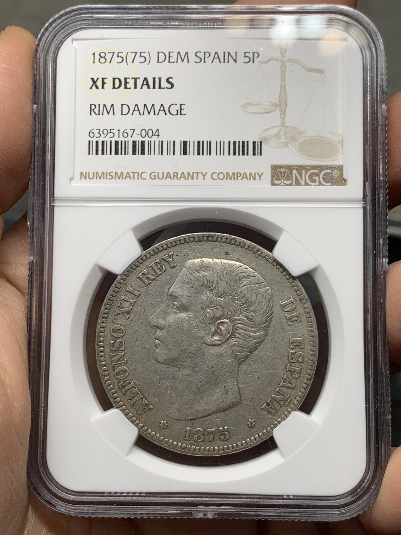 《竞宝斋》第334场 周日，周一 2场连拍 （全场包邮） NGC XF 西班牙1875年 阿方索十二世 5比塞塔双柱大银币