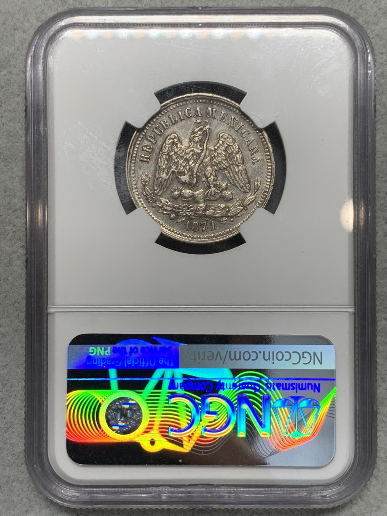 《竞宝斋》第334场 周日，周一 2场连拍 （全场包邮） 亚军分 NGC MS62 墨西哥1871年天平鹰洋25分银币，稀少