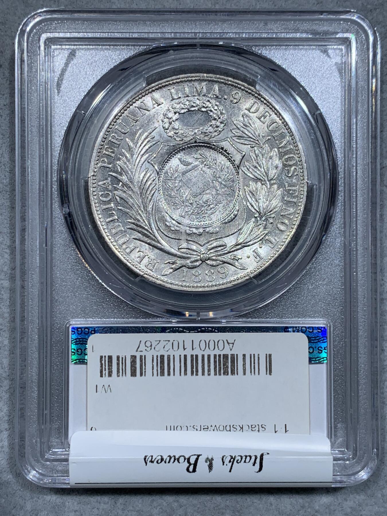 《竞宝斋》第334场 周日，周一 2场连拍 （全场包邮） PCGS AU58 危地马拉1894年加盖1比索大银币，外拍热点品种。币胚1889年。银光流畅丝滑，低评好状态。戳记打制清晰周正，在此品种里很有难度