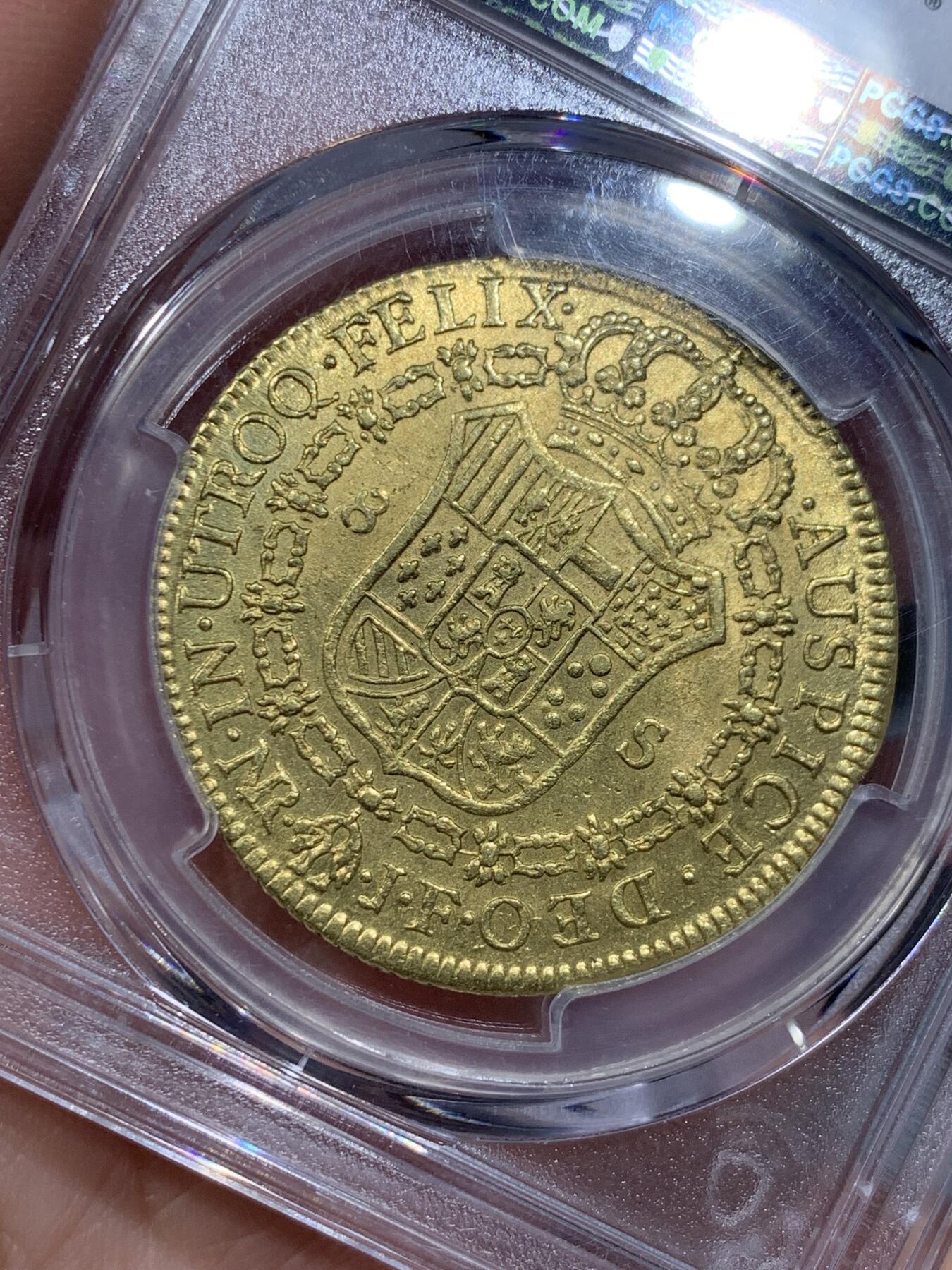 《竞宝斋》第334场 周日，周一 2场连拍 （全场包邮） PCGS MS61 西属 哥伦比亚 1813年 费七卡四头 8E 大金币全深打 状态超优 绝对低评