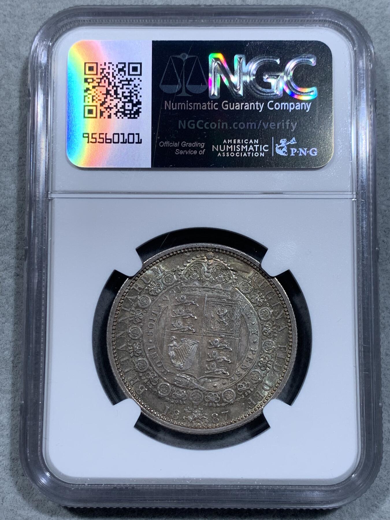《竞宝斋》第334场 周日，周一 2场连拍 （全场包邮） NGC MS63 英国1887年维多利亚高冠半克朗银币 币面丝滑，车轮转光，淡五彩包浆