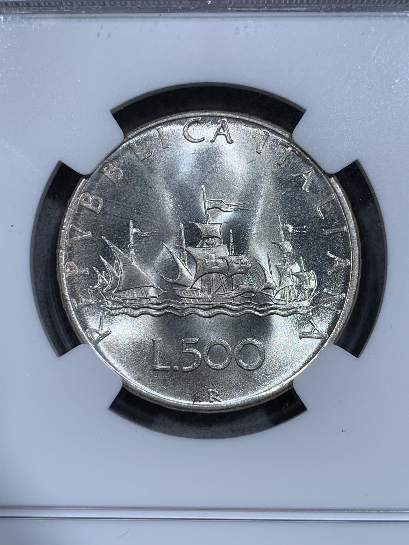 《竞宝斋》第334场 周日，周一 2场连拍 （全场包邮） NGC MS66 意大利1967年人妻500里拉银币，高分转光好品。