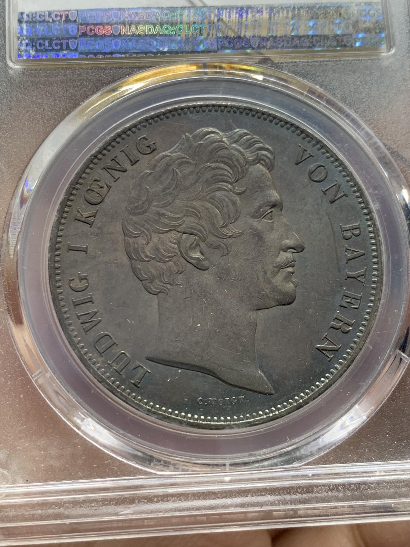 PCGS AU55 德国巴伐利亚1842年2泰勒银币 马克西米利安王储大婚 原味墨绿色环彩包浆 盒子背面牛毛纹裂 无伤大雅