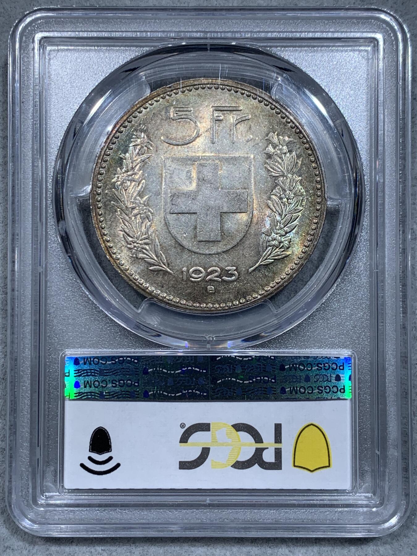 《竞宝斋》第334场 周日，周一 2场连拍 （全场包邮） PCGS MS62 环五彩原光瑞士1923年5法郎大银币